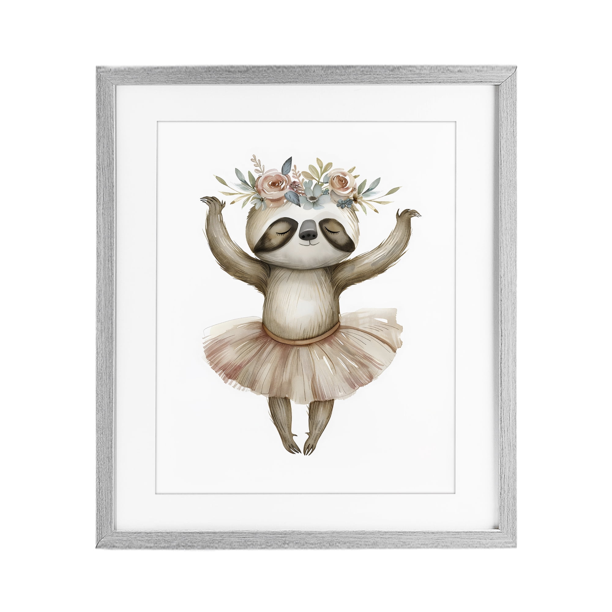 Stupell Industries Dreamy Sloth Ballet with Flowers Gray Framed Print Under Glass, design by LSR Design Studio