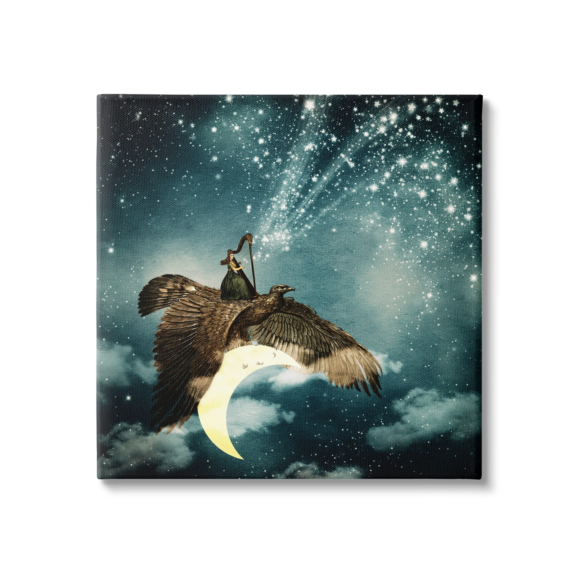 Stupell Industries Dreamy Surreal Bird Flying Moon Harp Galaxy Stars Canvas Wall Art, 17 x 17, Design by Paula Belle Flores