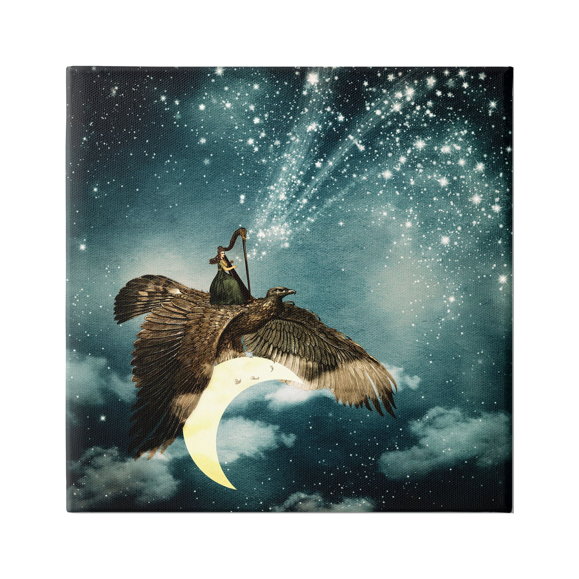 Stupell Industries Dreamy Surreal Bird Flying Moon Harp Galaxy Stars Canvas Wall Art, 36 x 36, Design by Paula Belle Flores