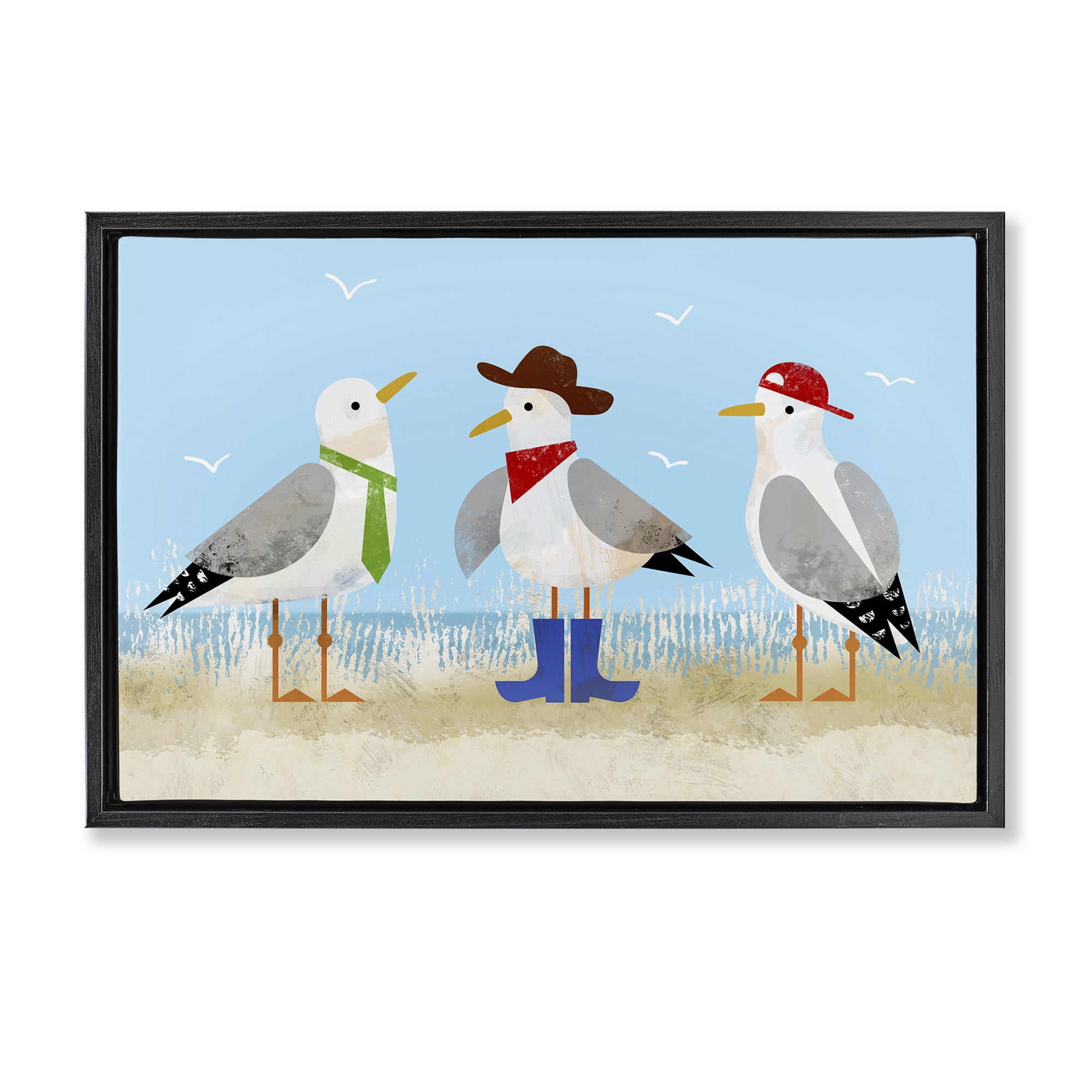Stupell Industries Dressed Seagulls on Beach Animals Painting Black Floater Framed Canvas Art Print Wall Art, 25 x 17