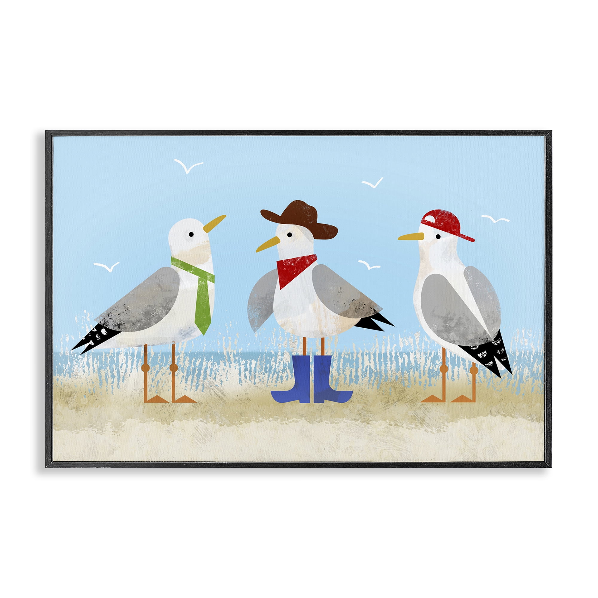 Stupell Industries Dressed Seagulls on Beach Animals Painting Black Framed Art Print Wall Art, 18 x 12