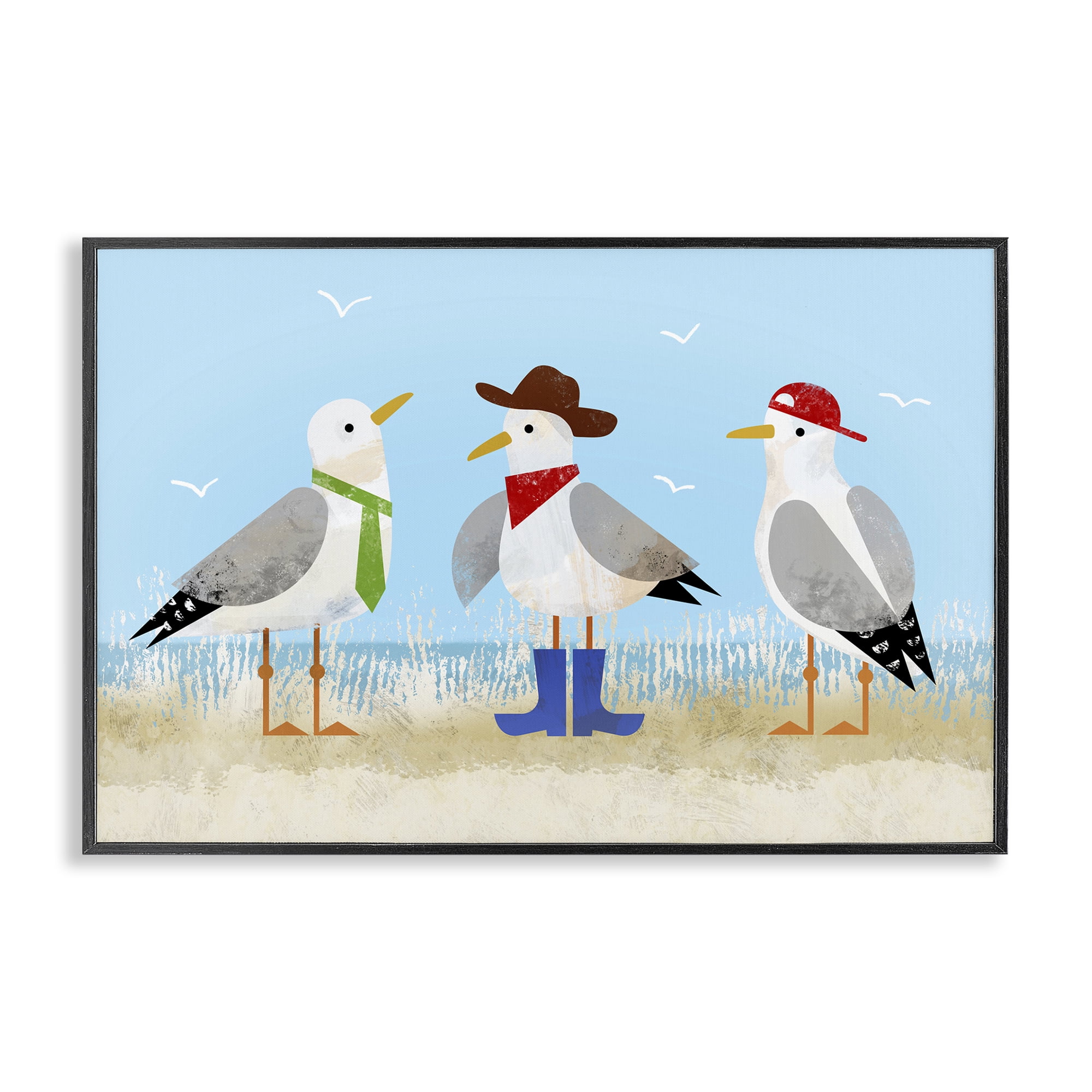 Stupell Industries Dressed Seagulls on Beach Animals Painting Black Framed Art Print Wall Art, 30 x 20