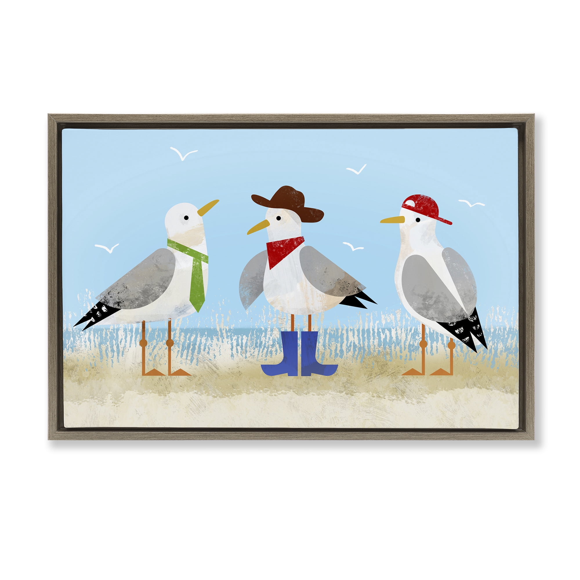 Stupell Industries Dressed Seagulls on Beach Animals Painting Brown Floater Framed Canvas Art Print Wall Art, 31 x 21