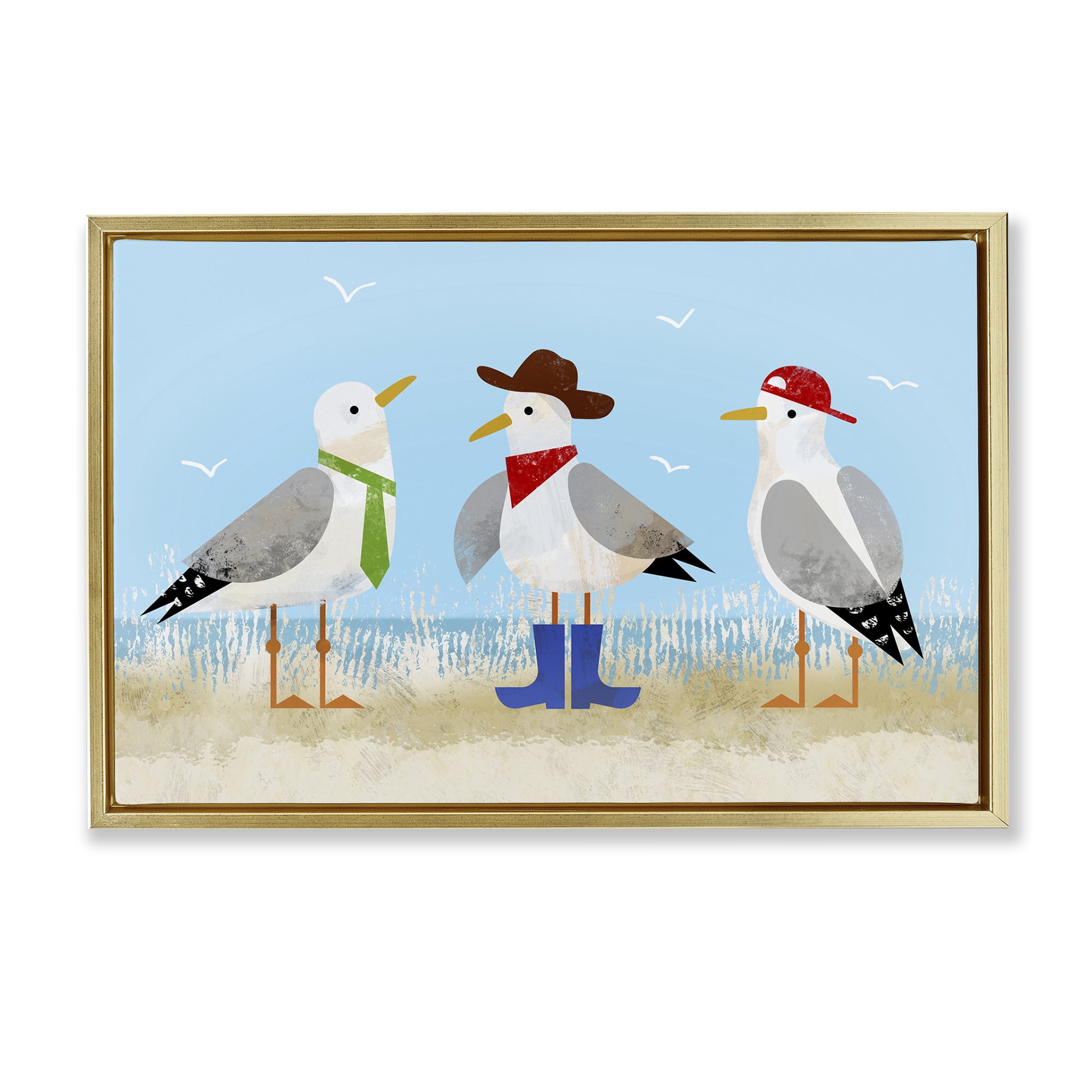 Stupell Industries Dressed Seagulls on Beach Animals Painting Gold Floater Framed Canvas Art Print Wall Art, 25 x 17