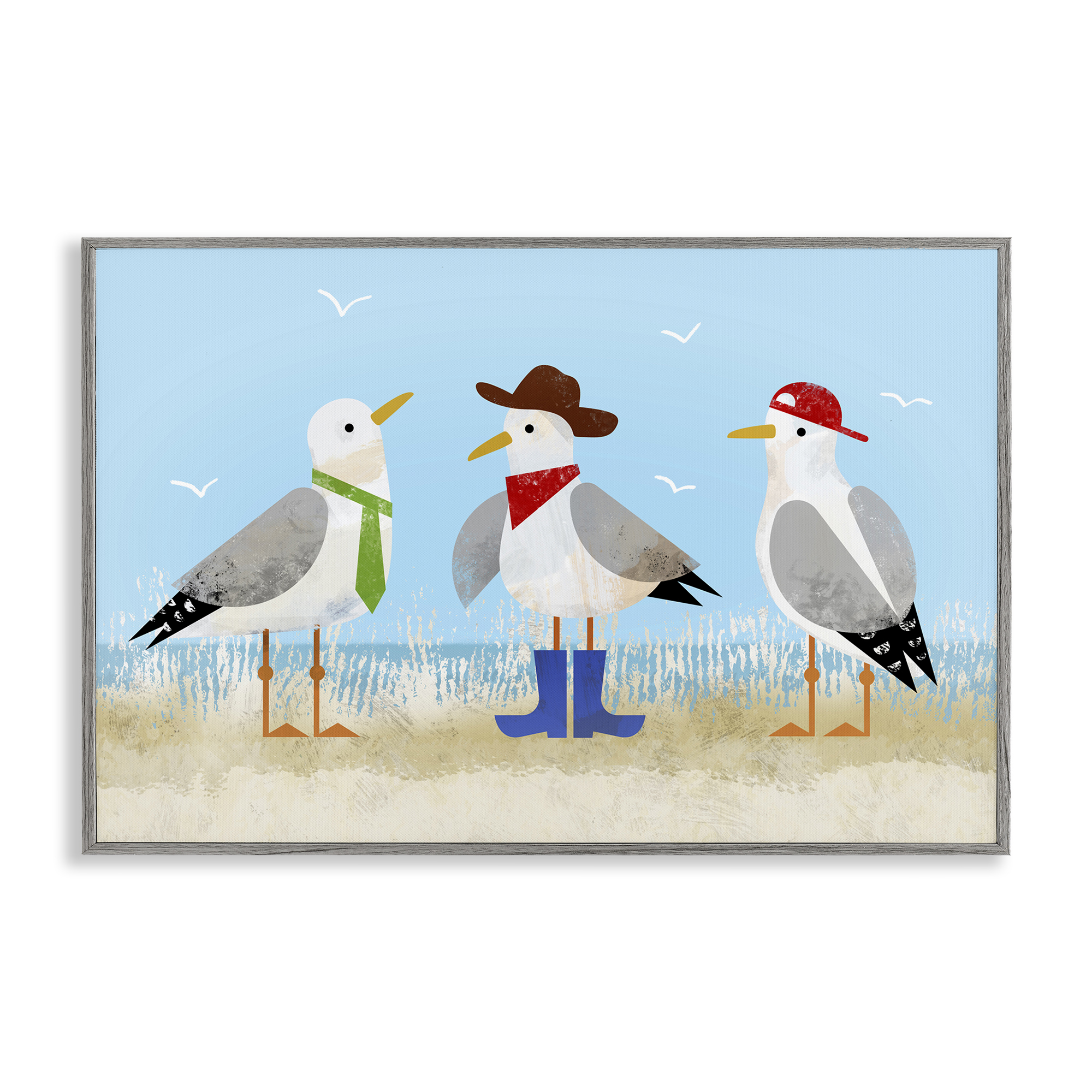 Stupell Industries Dressed Seagulls on Beach Animals Painting Gray Framed Art Print Wall Art, 18 x 12