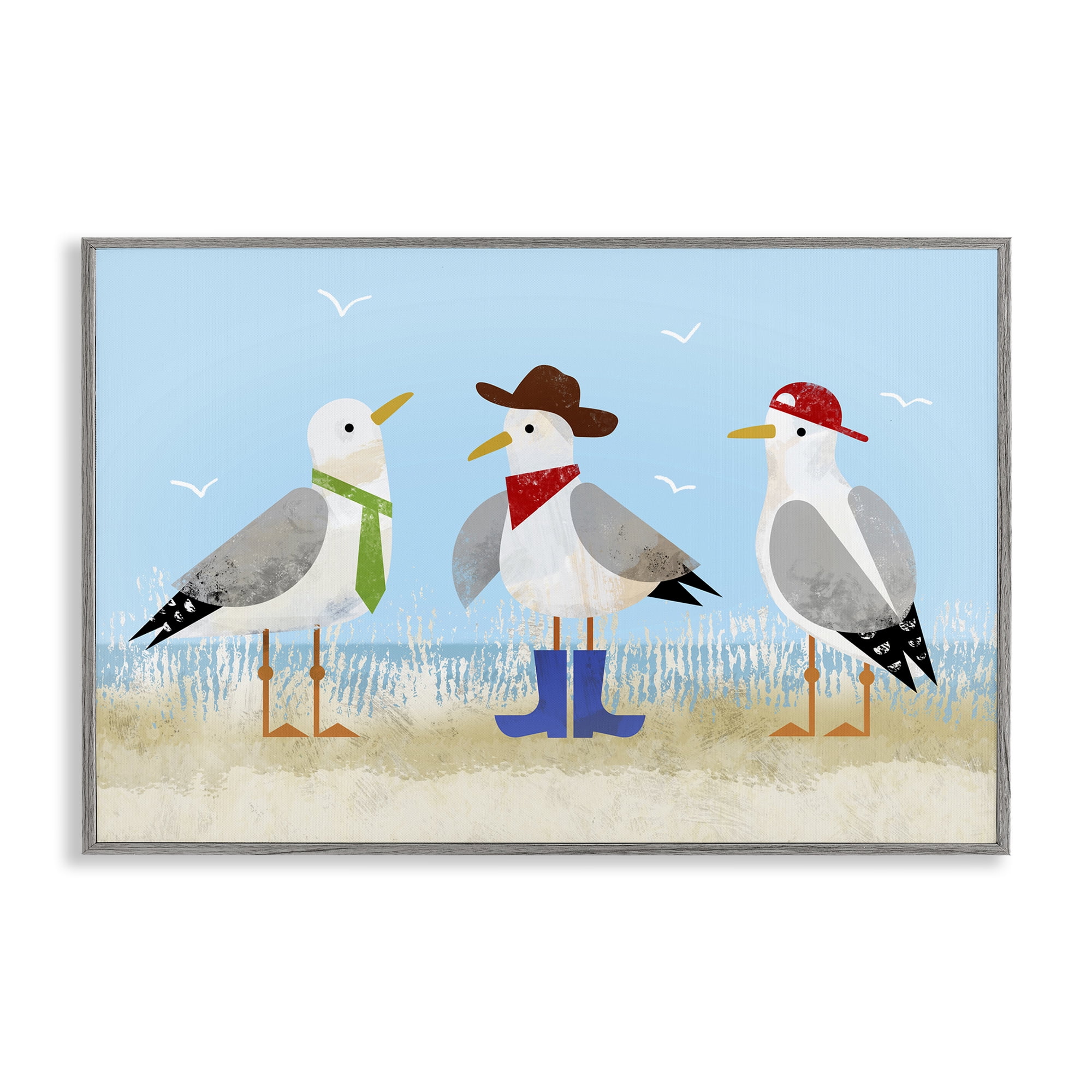 Stupell Industries Dressed Seagulls on Beach Animals Painting Gray Framed Art Print Wall Art, 24 x 16