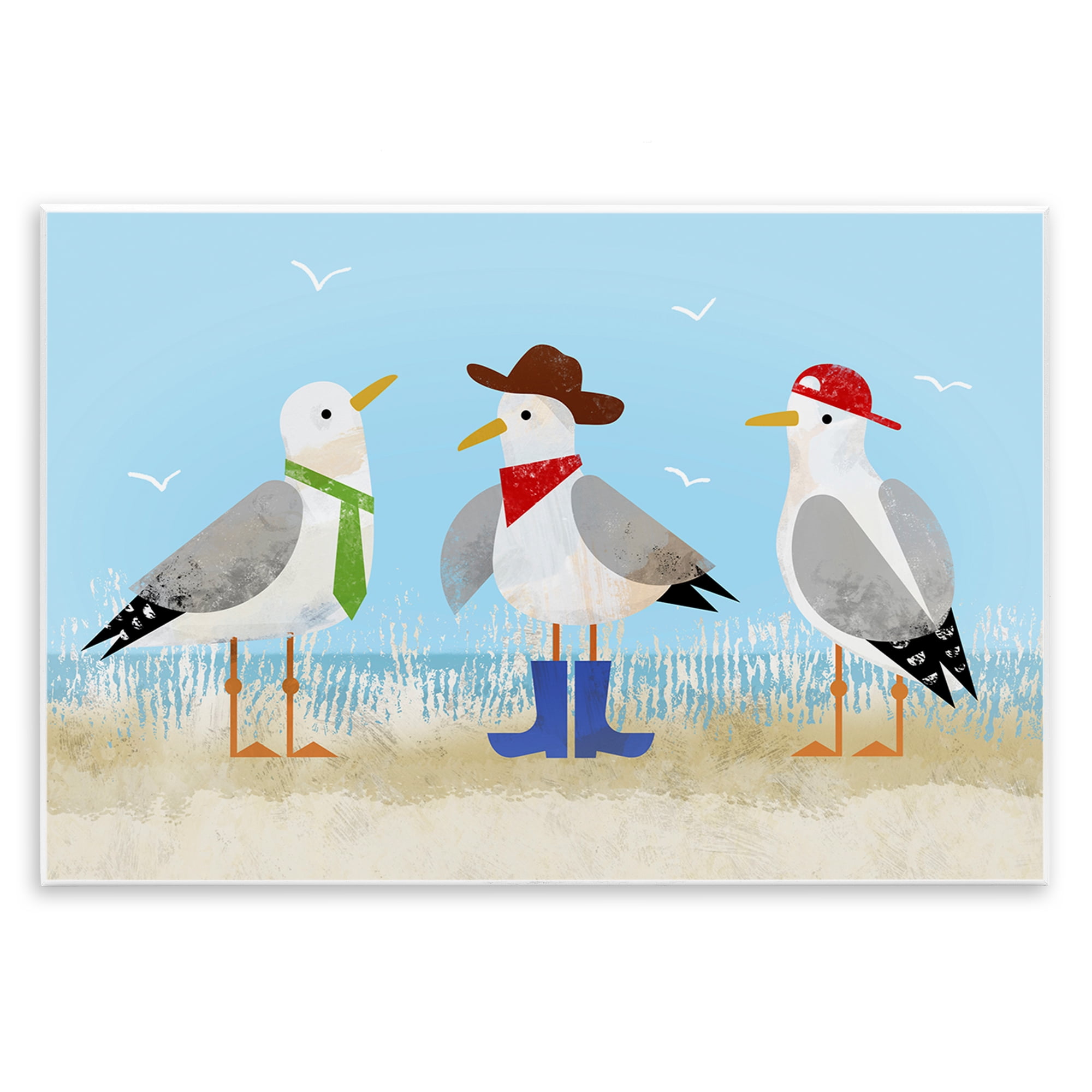 Stupell Industries Dressed Seagulls on Beach Animals Painting Unframed Art Print Wall Art, 19 x 13