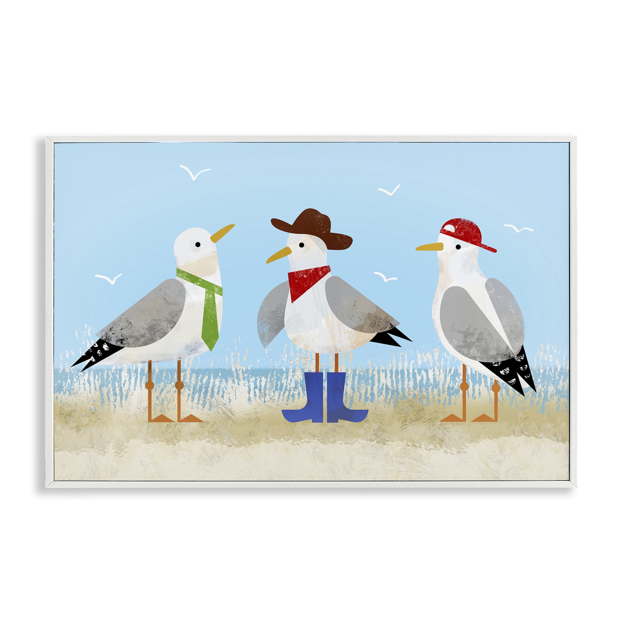 Stupell Industries Dressed Seagulls on Beach Animals Painting White Framed Art Print Wall Art, 30 x 20