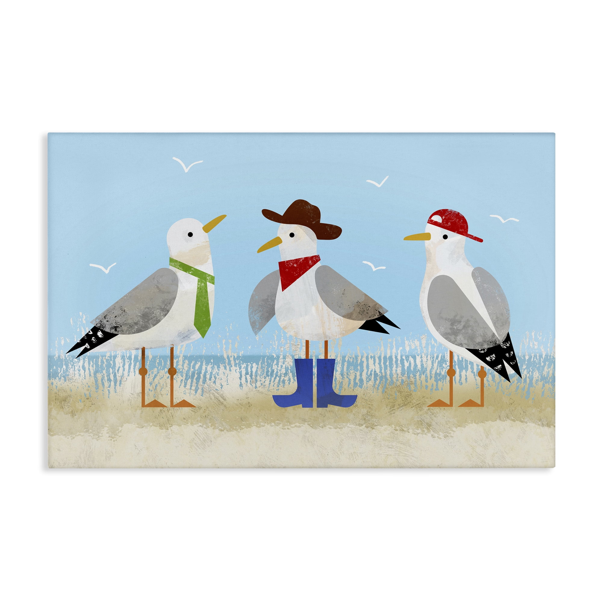 Stupell Industries Dressed Seagulls on Beach Animals Painting Wrapped Canvas Art Print Wall Art, 45 x 30