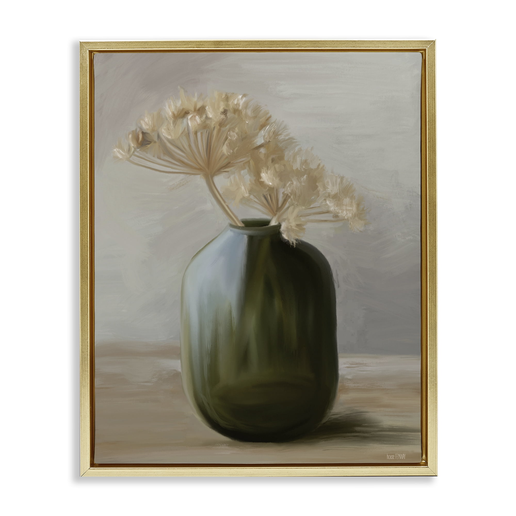 Stupell Industries Dried Blooms in Green Vase Gold Framed Floater Canvas Wall Art, design by House Fenway