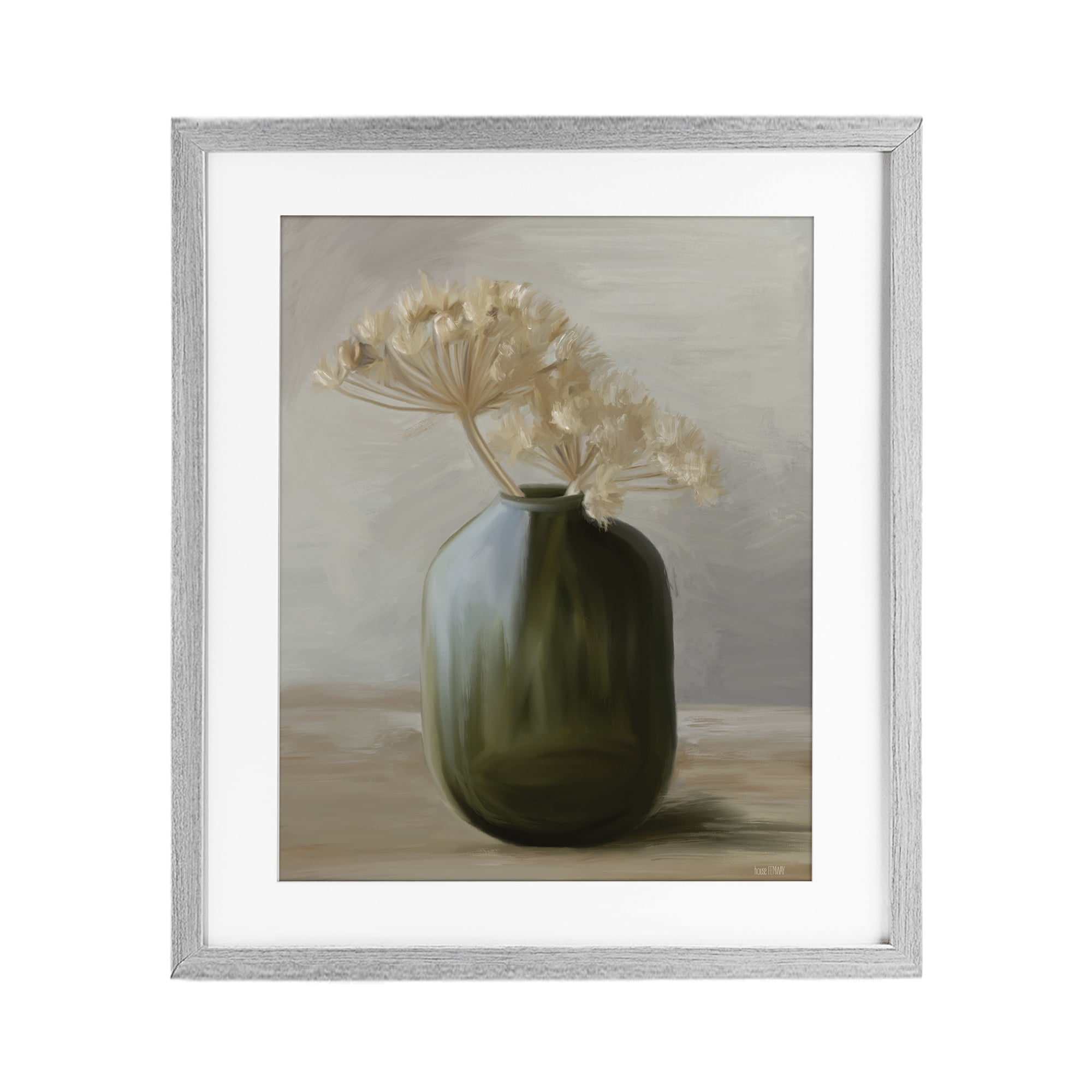 Stupell Industries Dried Blooms in Green Vase Gray Framed Print Under Glass, design by House Fenway