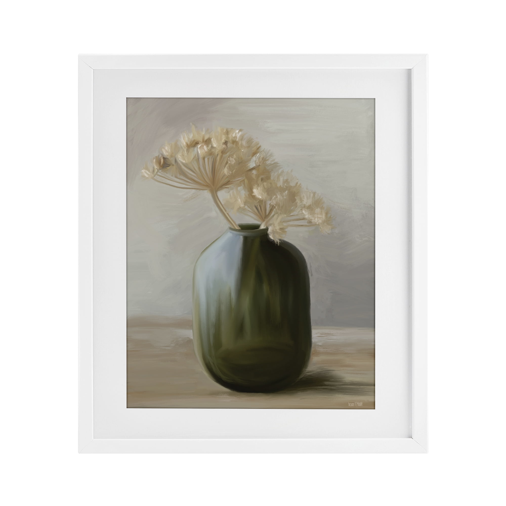 Stupell Industries Dried Blooms in Green Vase White Framed Print Under Glass, design by House Fenway