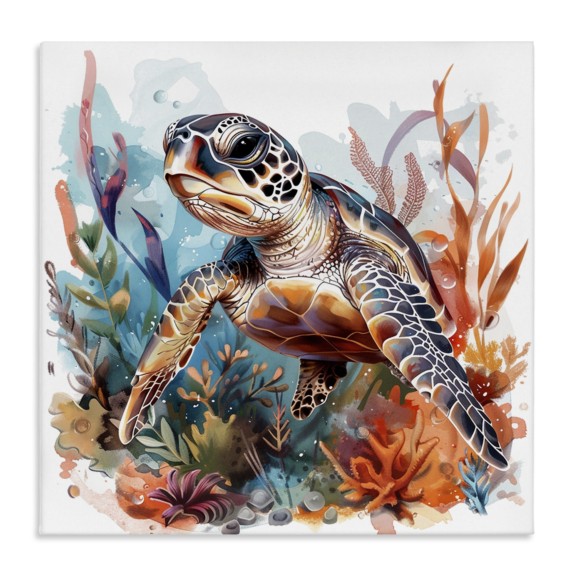 Stupell Industries Drifting Sea Turtle Animals Painting Wrapped Canvas Art Print Wall Art, 17 x 17