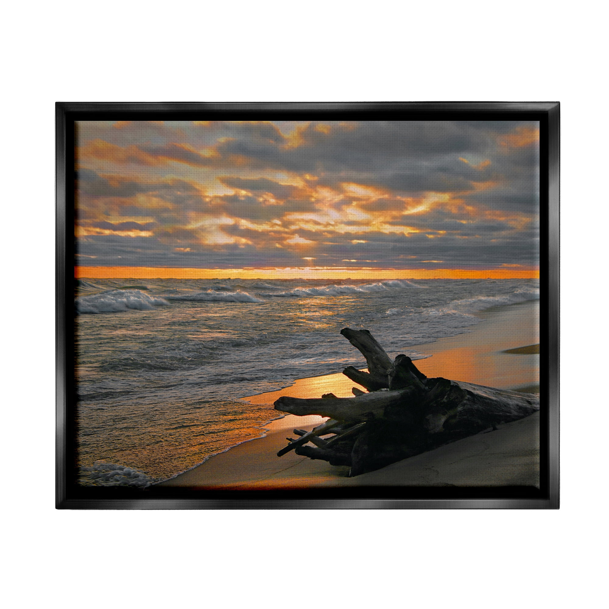Stupell Industries Driftwood at Sunset Landscape Photography Black Floater Framed Canvas Art Print Wall Art, 31 x 25