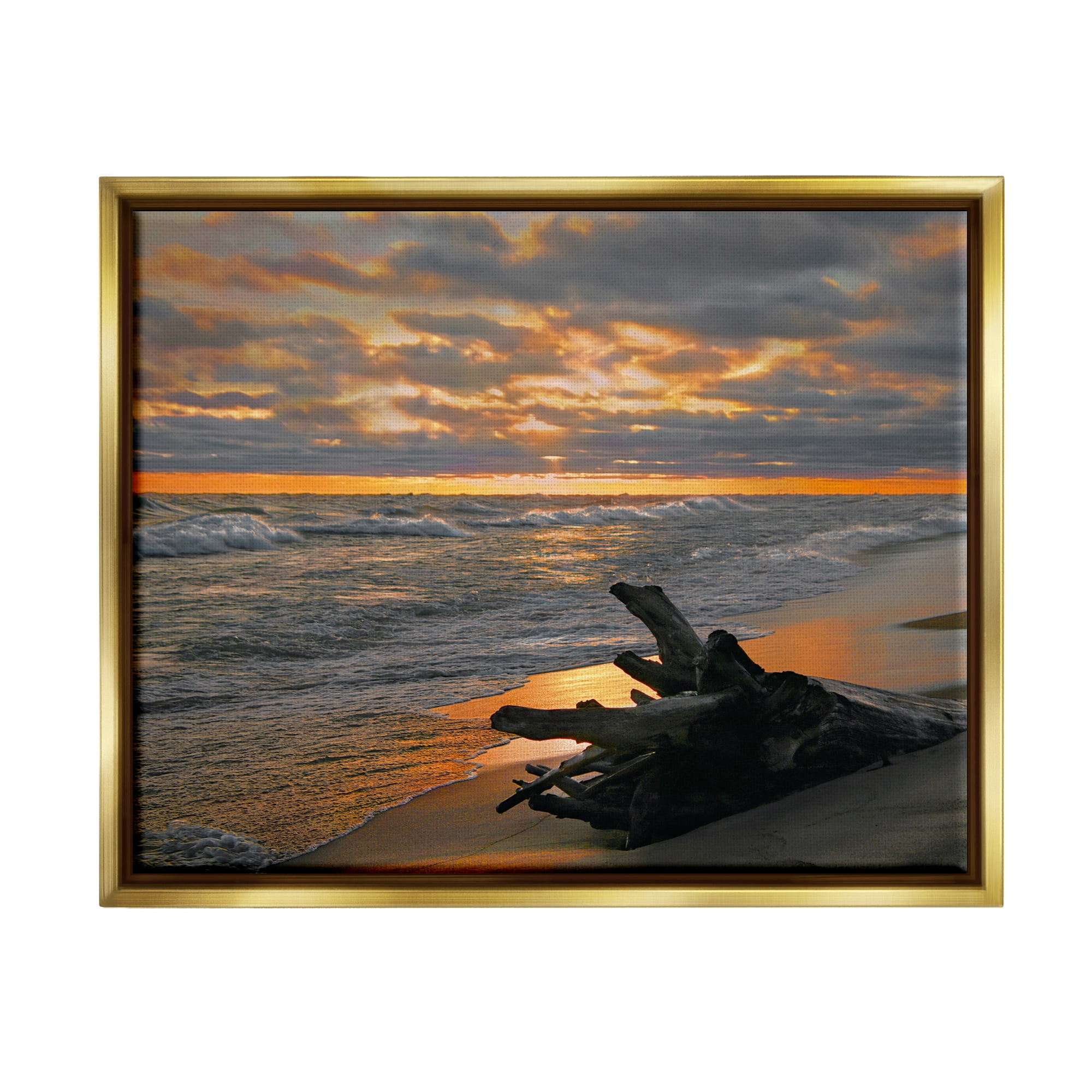 Stupell Industries Driftwood at Sunset Landscape Photography Gold Floater Framed Canvas Art Print Wall Art, 21 x 17