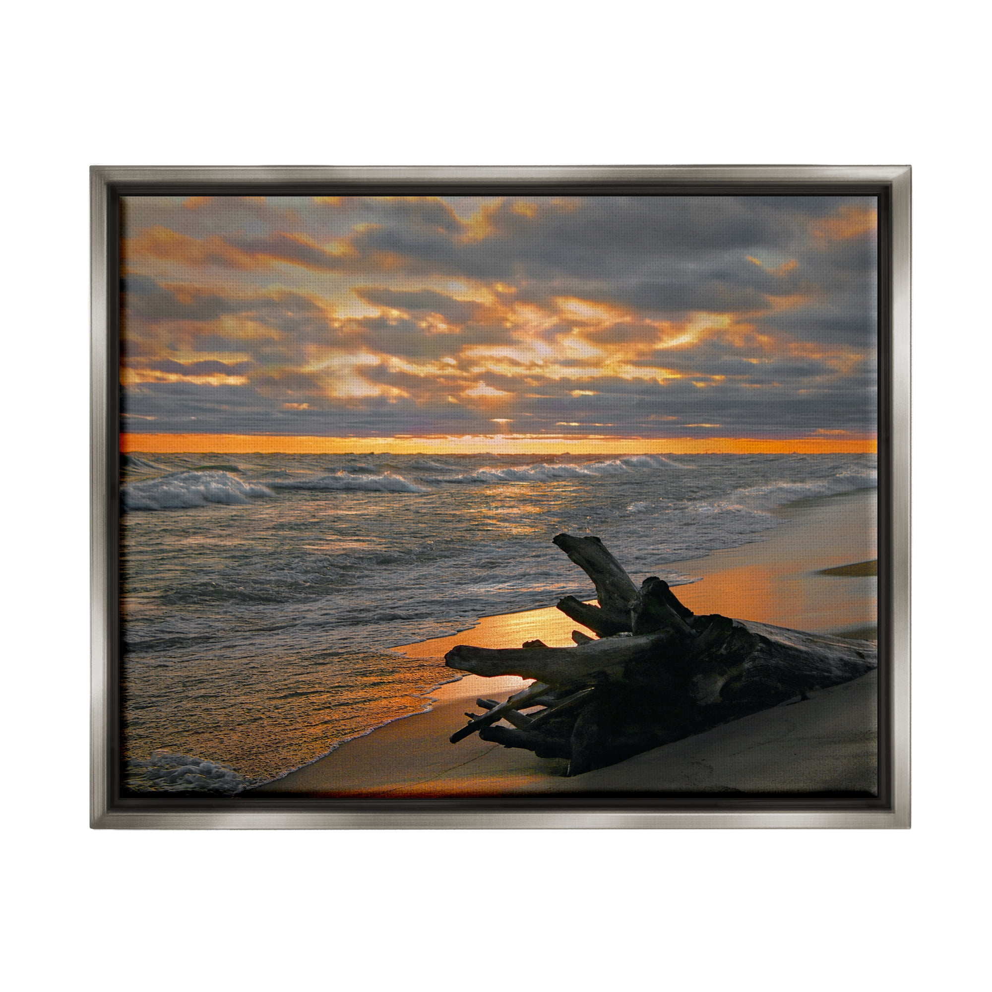 Stupell Industries Driftwood at Sunset Landscape Photography Gray Floater Framed Canvas Art Print Wall Art, 31 x 25