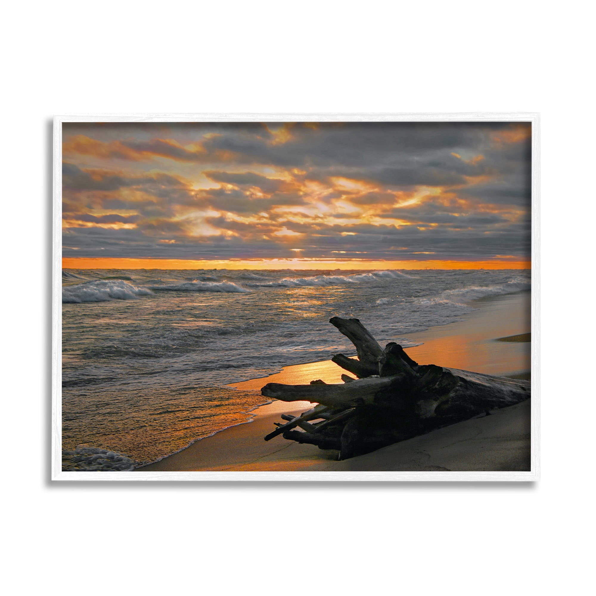 Stupell Industries Driftwood at Sunset Landscape Photography White Framed Art Print Wall Art, 20 x 16