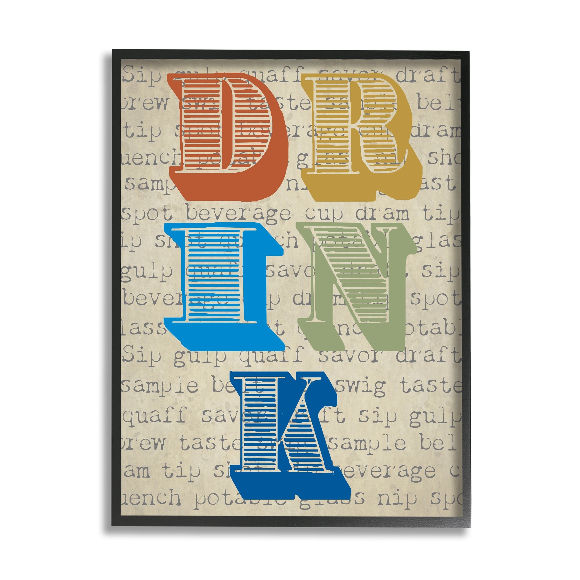 Stupell Industries Drink Antique Stamp Style Typography Kitchen Words Graphic Art Black Framed Art Print Wall Art, Design by Graffitee Studios