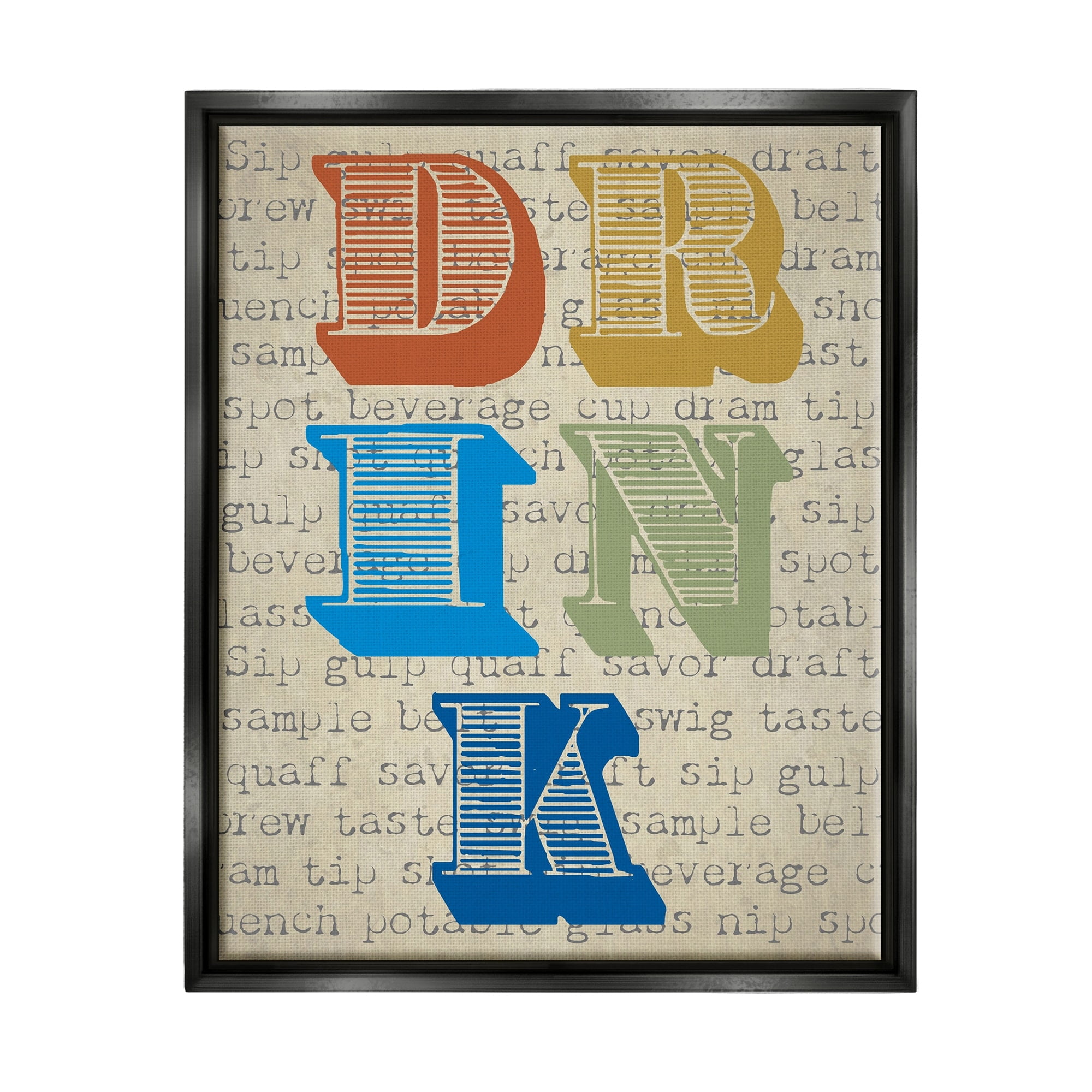 Stupell Industries Drink Antique Stamp Style Typography Kitchen Words Graphic Art Jet Black Floating Framed Canvas Print Wall Art, Design by Graffitee Studios