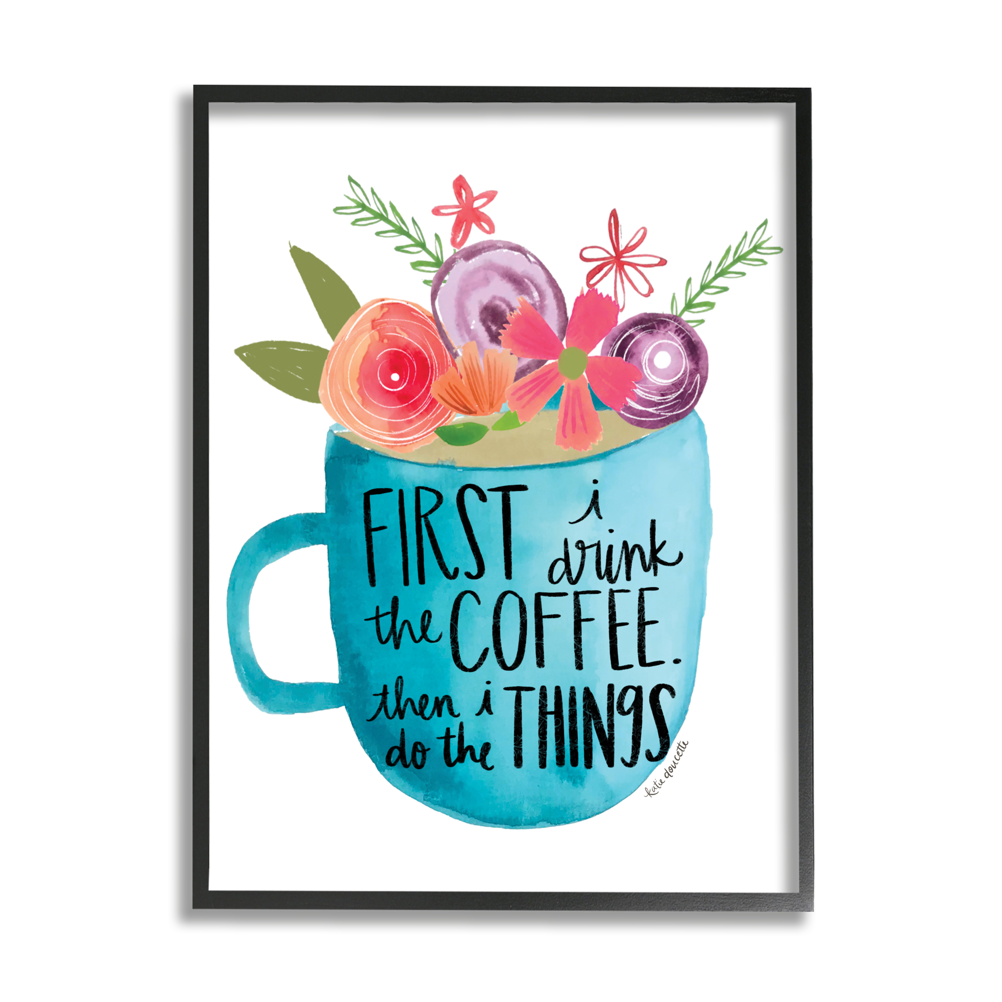 Stupell Industries Drink Coffee Do Things Phrase Blue Floral Mug Graphic Art Black Framed Art Print Wall Art, 11x14, by Katie Doucette