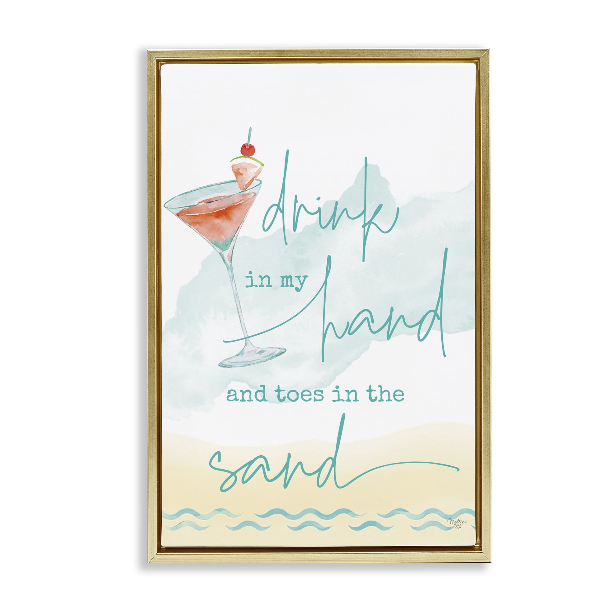 Stupell Industries Drink & Sand Beach Sentiment Text & Numbers Painting Gold Floater Framed Canvas Art Print Wall Art, 21 x 31