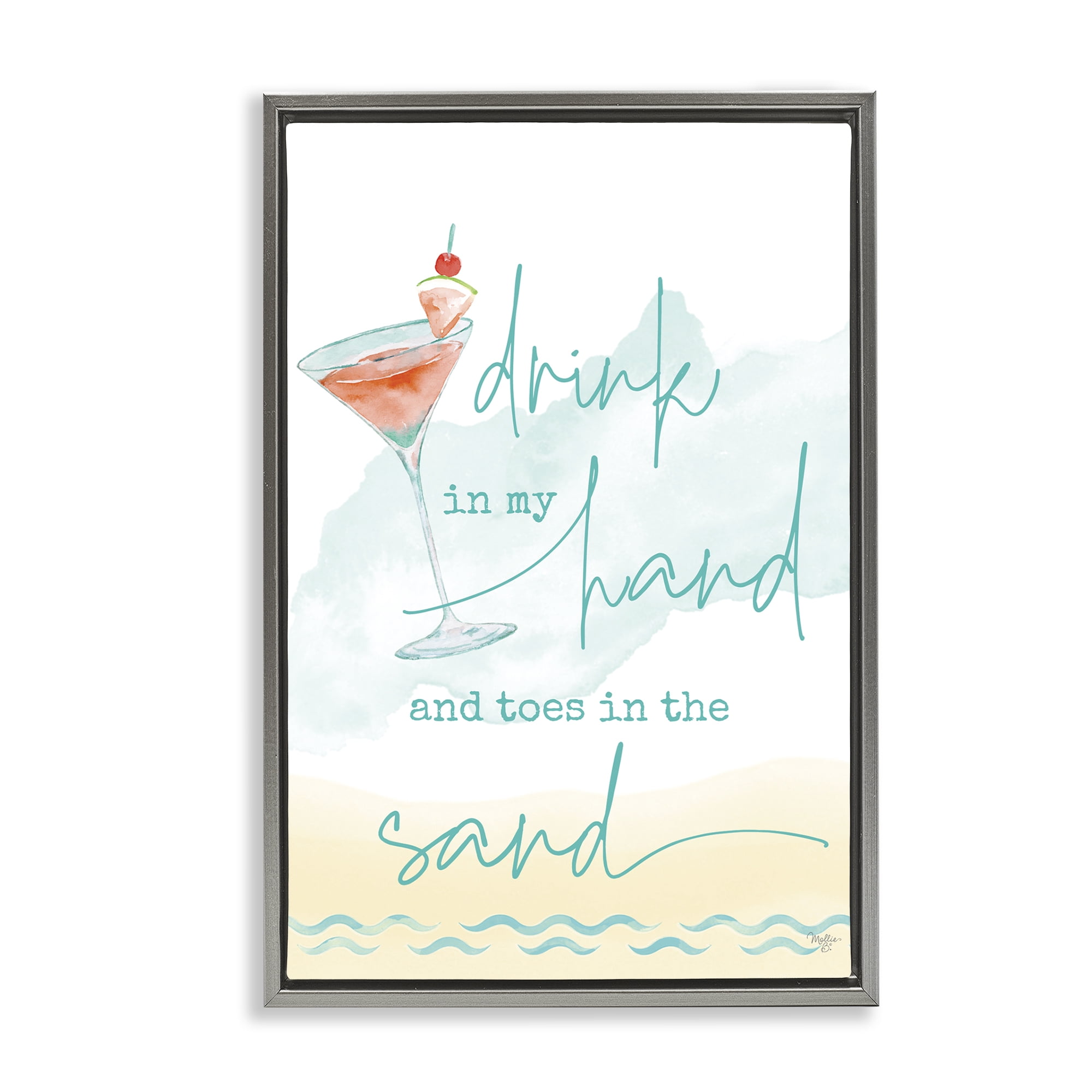 Stupell Industries Drink & Sand Beach Sentiment Text & Numbers Painting Gray Floater Framed Canvas Art Print Wall Art, 21 x 31
