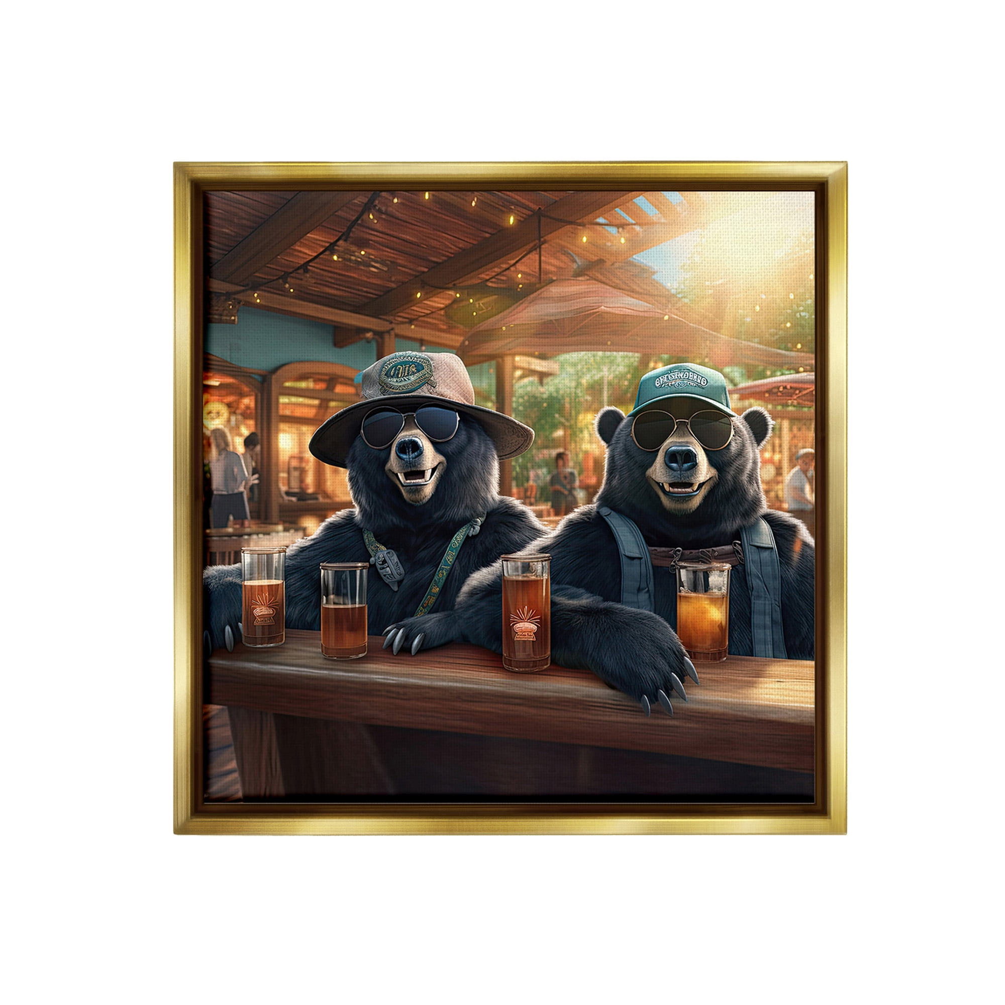 Stupell Industries Drinking Bears at Bar Animals & Insects Painting Gold Floater Framed Canvas Art Print Wall Art, 25 x 25