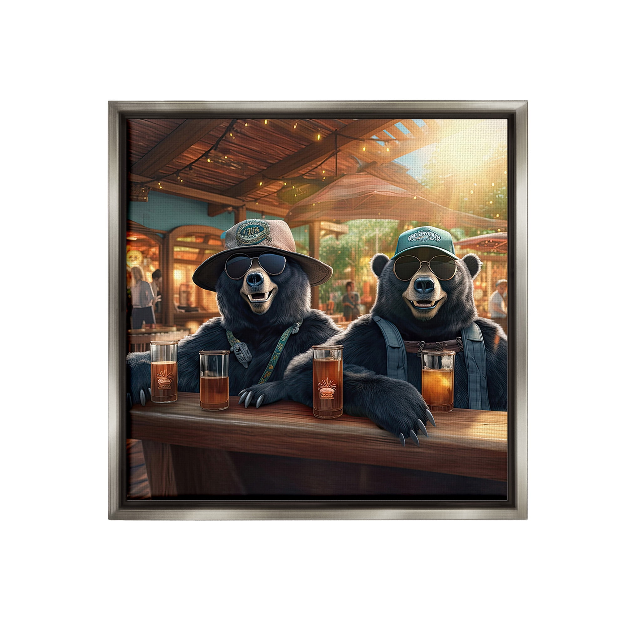 Stupell Industries Drinking Bears at Bar Animals & Insects Painting Gray Floater Framed Canvas Art Print Wall Art, 18 x 18