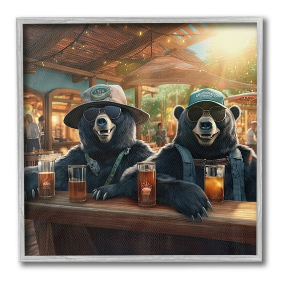 Stupell Industries Drinking Bears at Bar Animals & Insects Painting Gray Framed Art Print Wall Art, 24 x 24