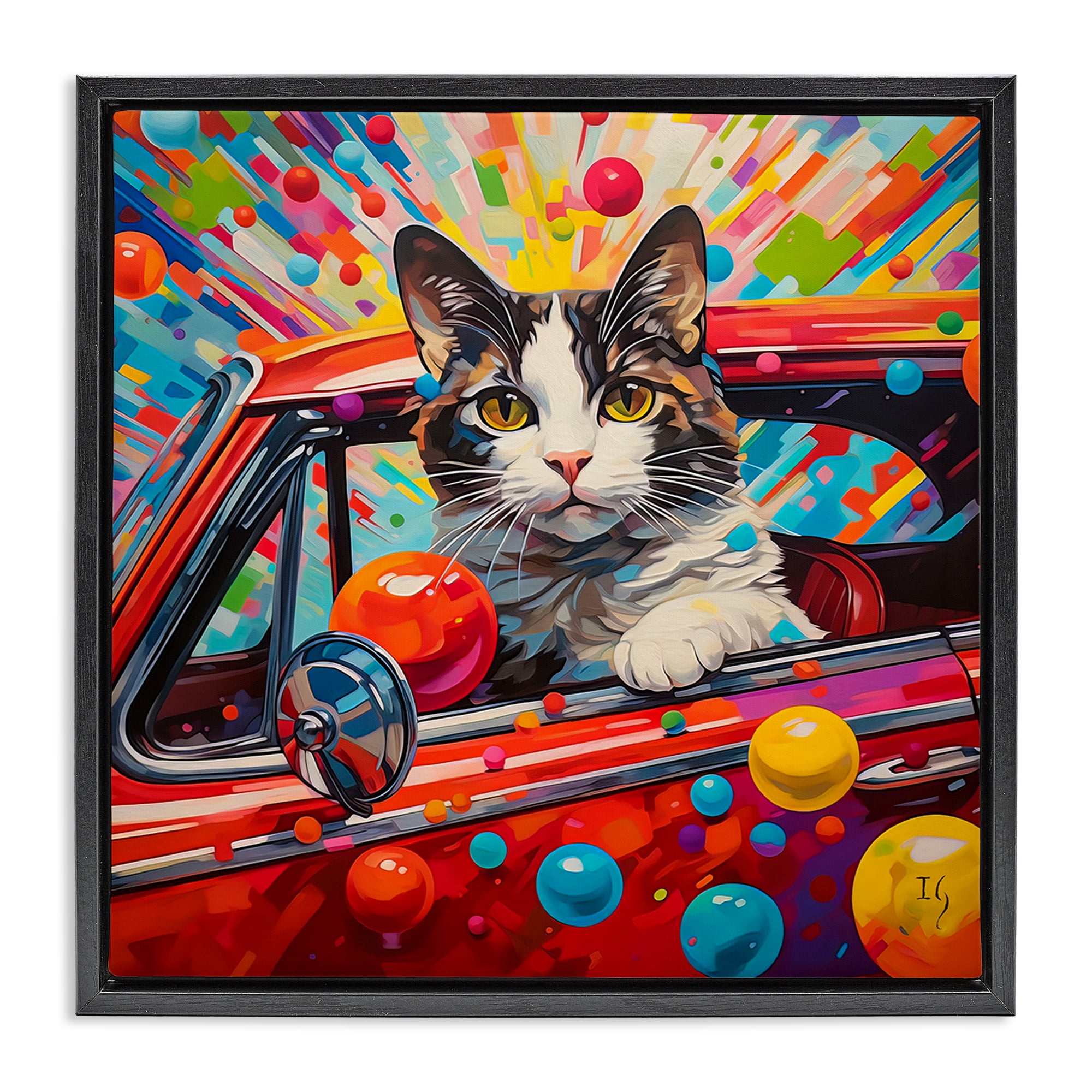 Stupell Industries Driving Cat with Bold Pattern Animals & Insects Painting Black Floater Framed Canvas Art Print Wall Art, 18 x 18
