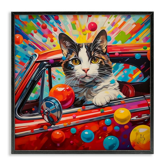 Stupell Industries Driving Cat with Bold Pattern Animals & Insects Painting Black Framed Art Print Wall Art, 12 x 12