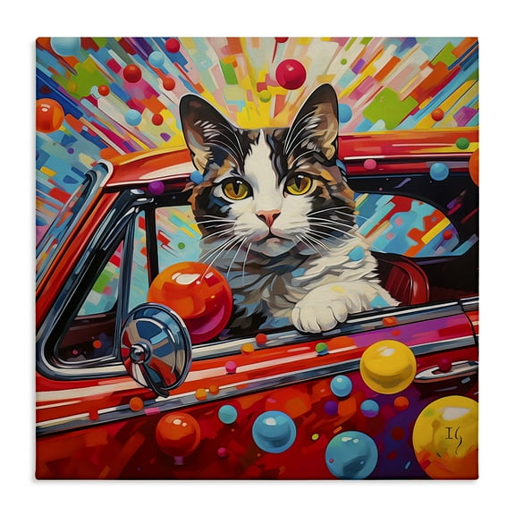 Stupell Industries Driving Cat with Bold Pattern Animals & Insects Painting Gallery Wrapped Canvas Art Print Wall Art, 17 x 17