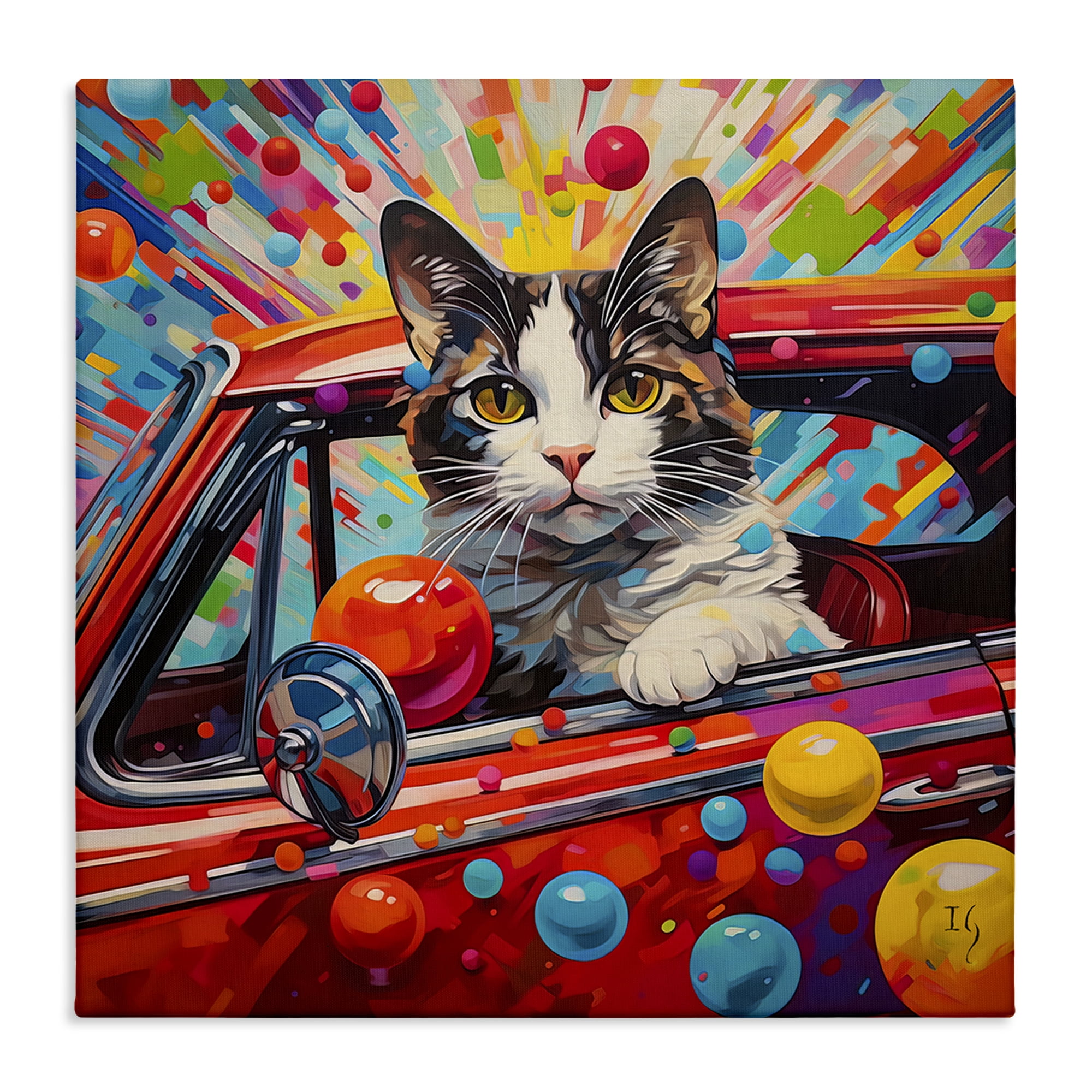 Stupell Industries Driving Cat with Bold Pattern Animals & Insects Painting Gallery Wrapped Canvas Art Print Wall Art, 24 x 24