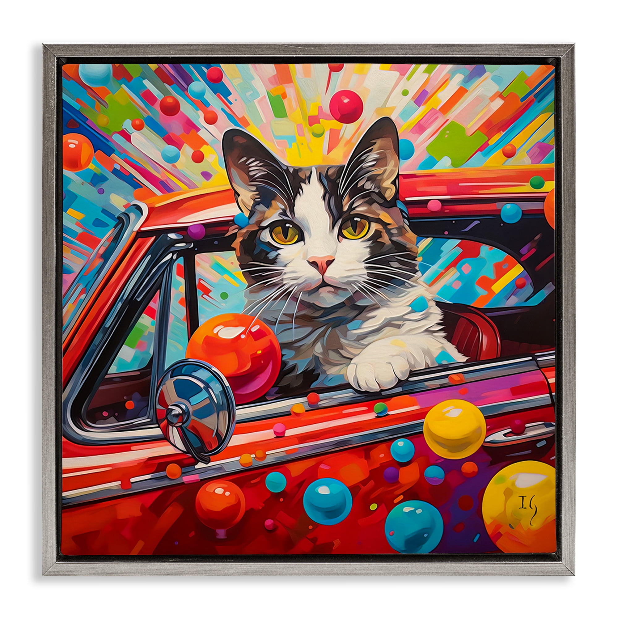 Stupell Industries Driving Cat with Bold Pattern Animals & Insects Painting Gray Floater Framed Canvas Art Print Wall Art, 18 x 18