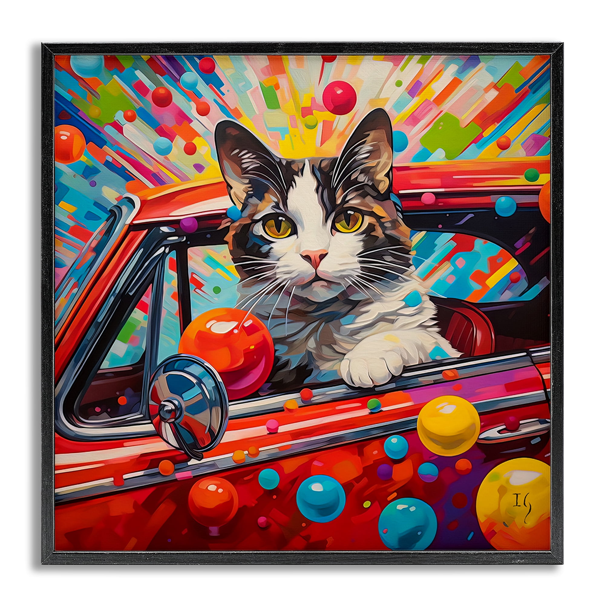 Stupell Industries Driving Cat with Bold Pattern Animals & Insects Painting Gray Framed Art Print Wall Art, 24 x 24