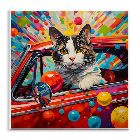 Stupell Industries Driving Cat with Bold Pattern Animals & Insects Painting Unframed Art Print Wall Art, 12 x 12