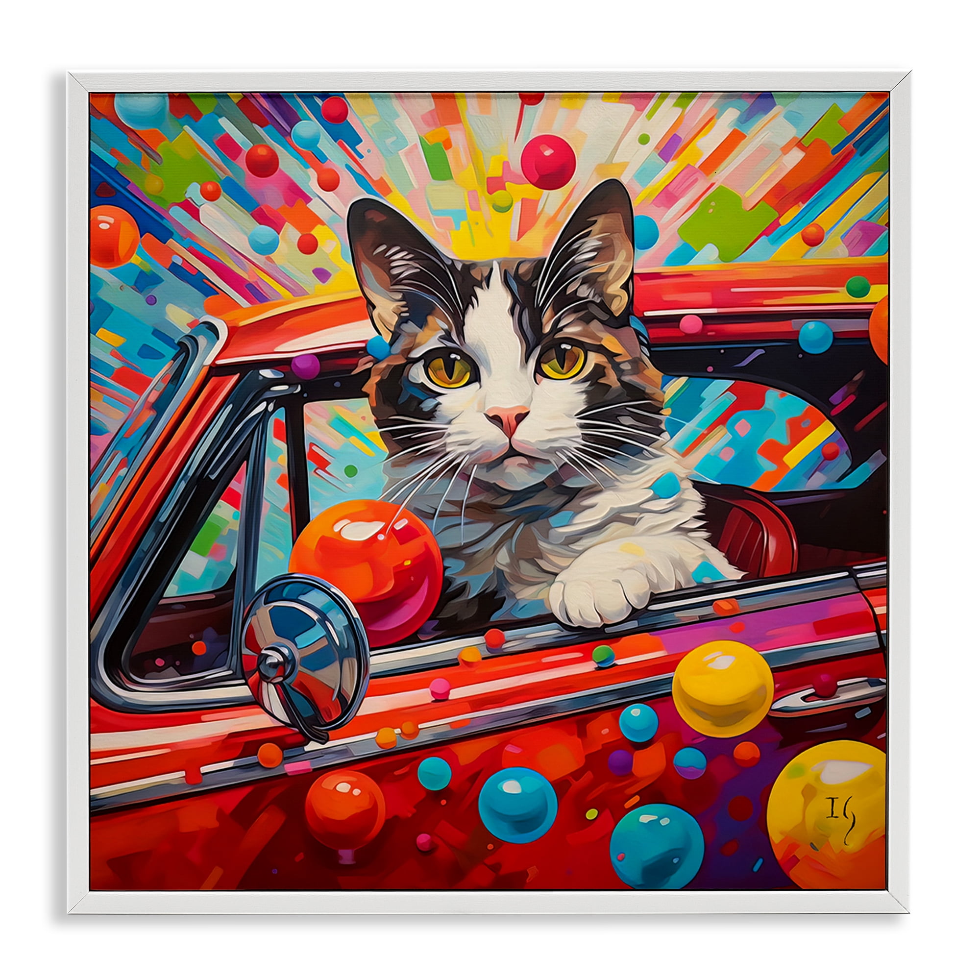 Stupell Industries Driving Cat with Bold Pattern Animals & Insects Painting White Framed Art Print Wall Art, 12 x 12