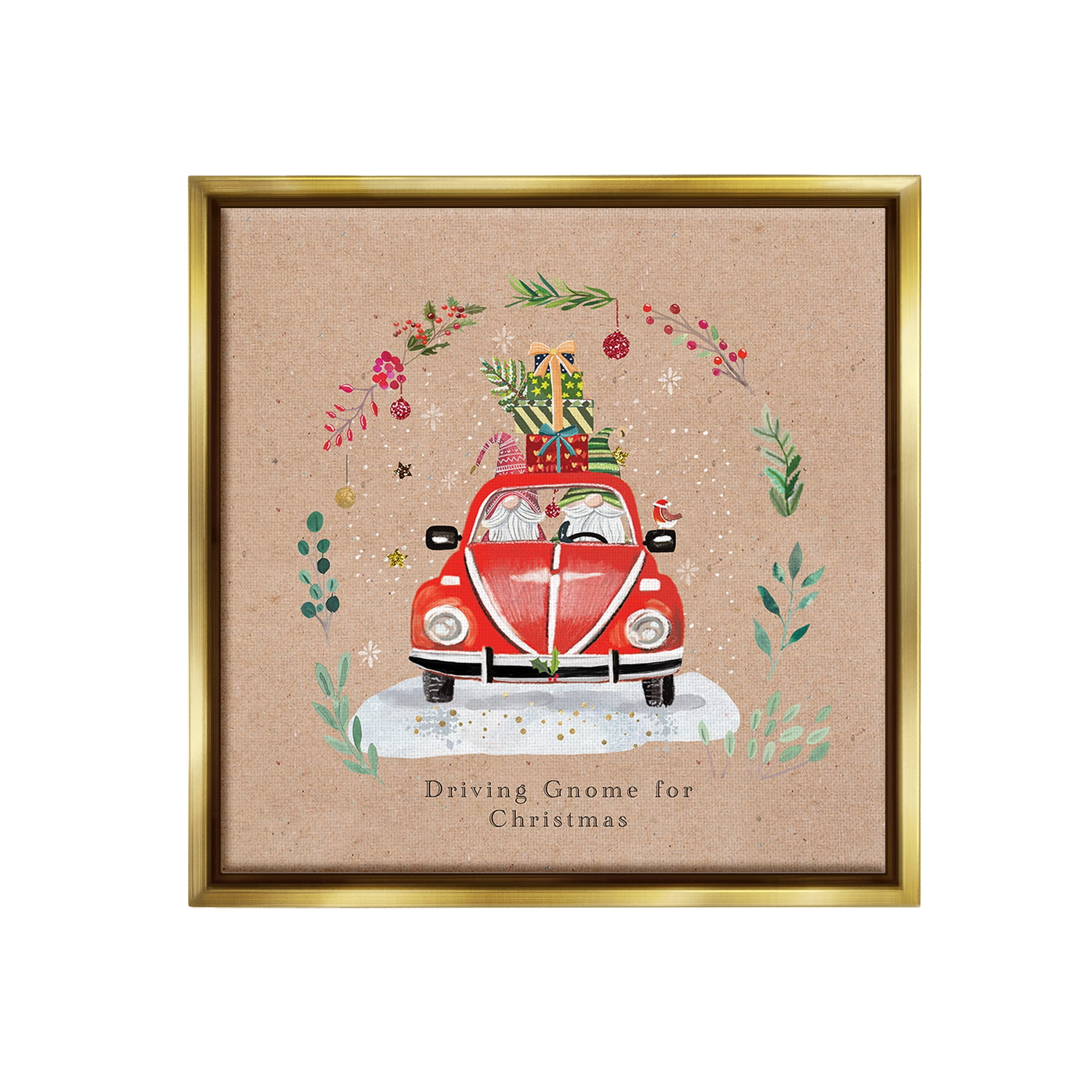 Stupell Industries Driving Gnome For Christmas Holiday Painting Gold Floater Framed Canvas Art Print Wall Art, 18 x 18