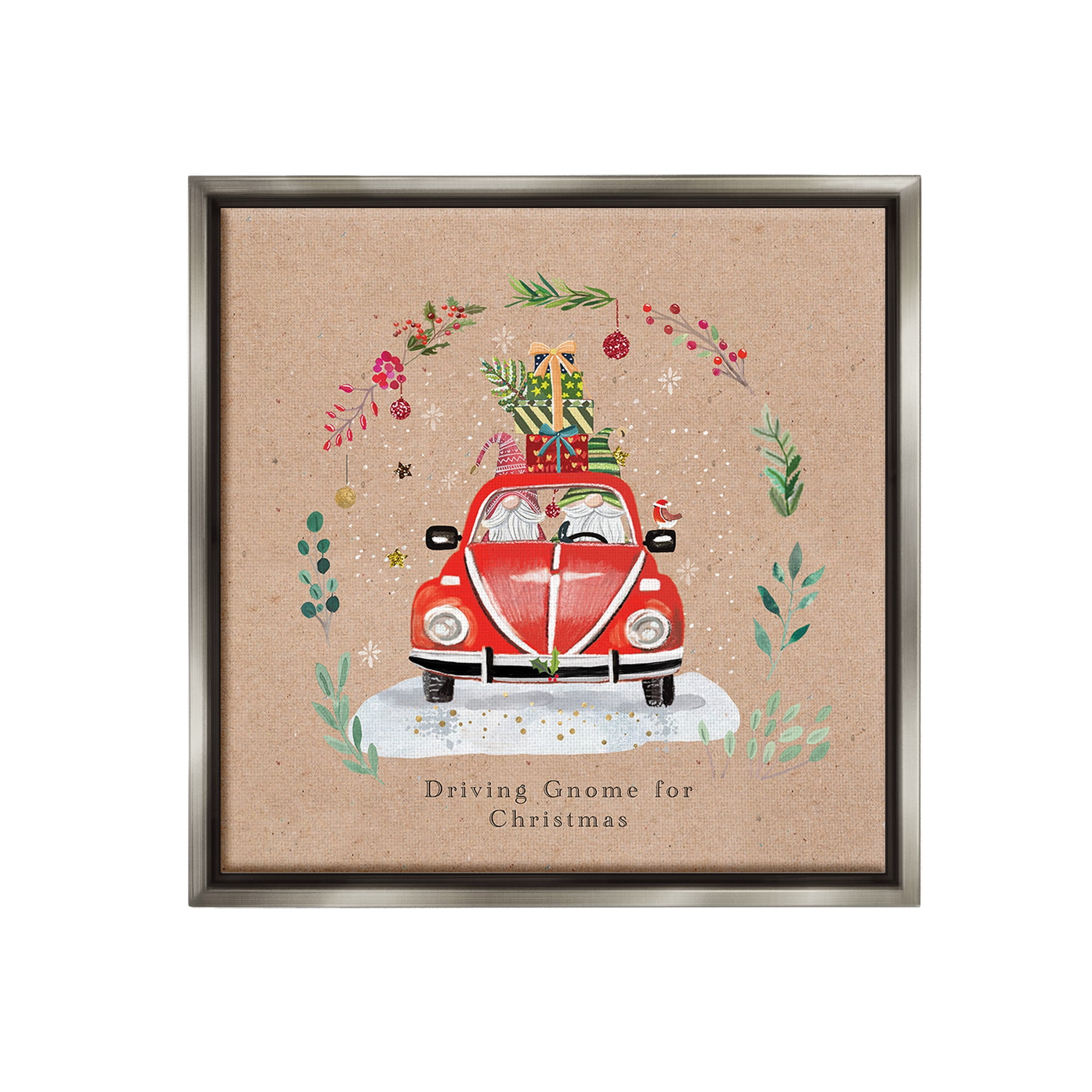 Stupell Industries Driving Gnome For Christmas Holiday Painting Gray Floater Framed Canvas Art Print Wall Art, 18 x 18