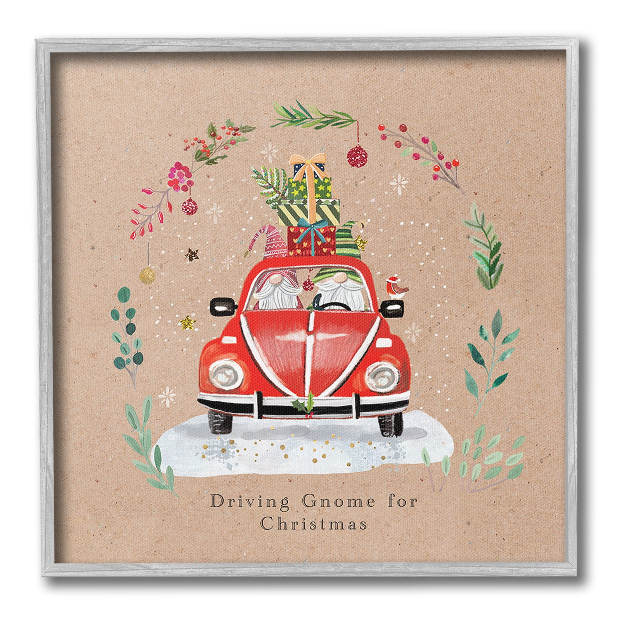 Stupell Industries Driving Gnome For Christmas Holiday Painting Gray Framed Art Print Wall Art, 17 x 17