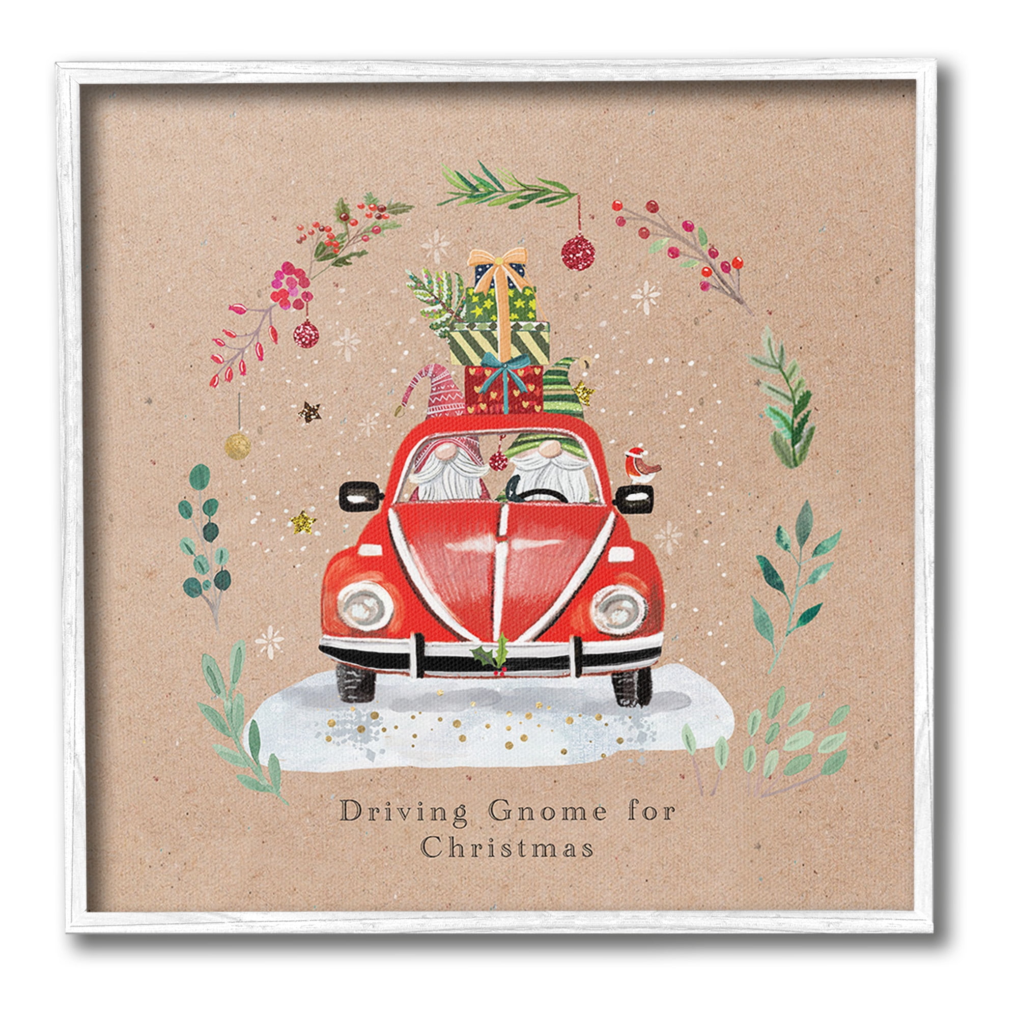 Stupell Industries Driving Gnome For Christmas Holiday Painting White Framed Art Print Wall Art, 24 x 24