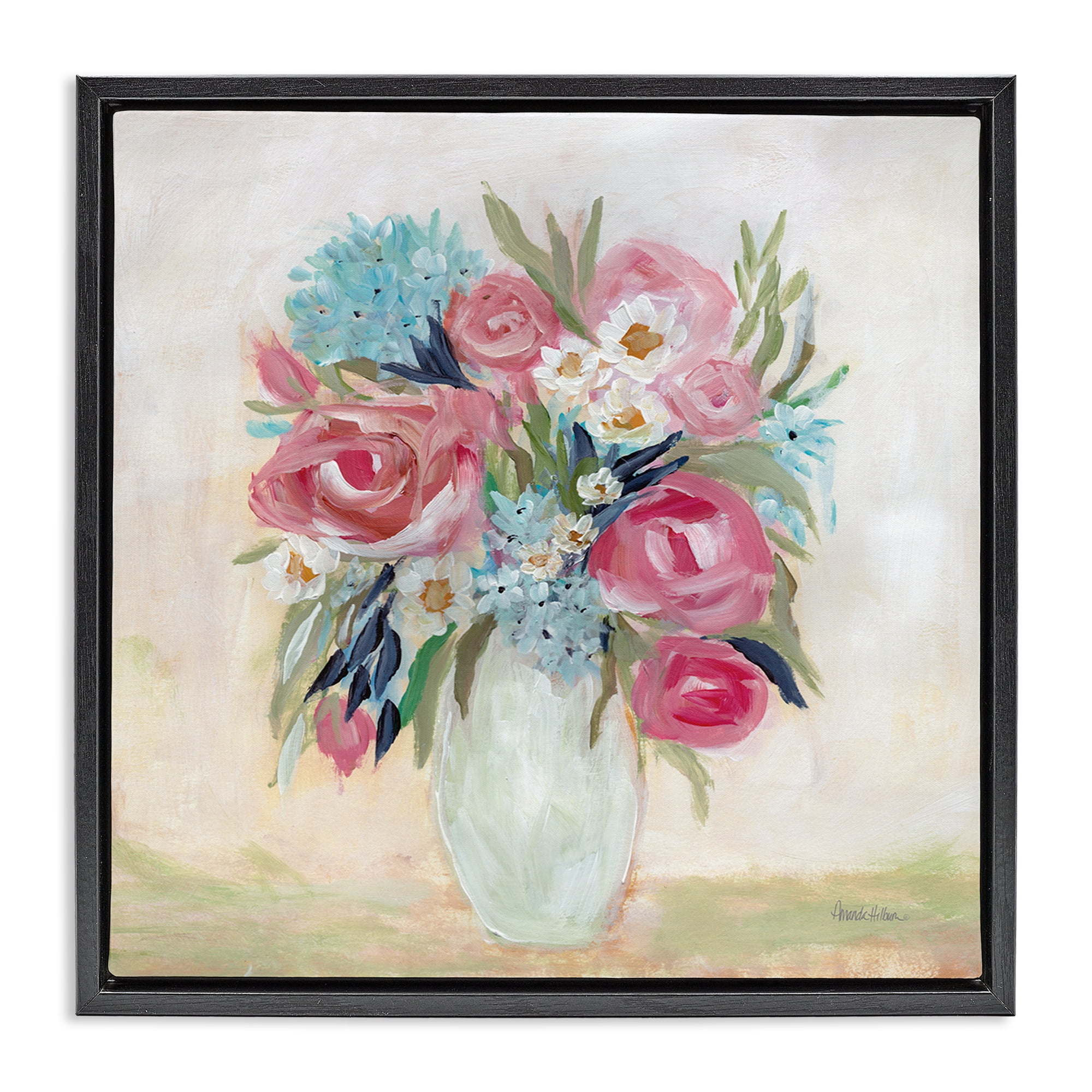 Stupell Industries Drooping Pink Roses Plants & Flowers Painting Black Floater Framed Canvas Art Print Wall Art, 25 x 25