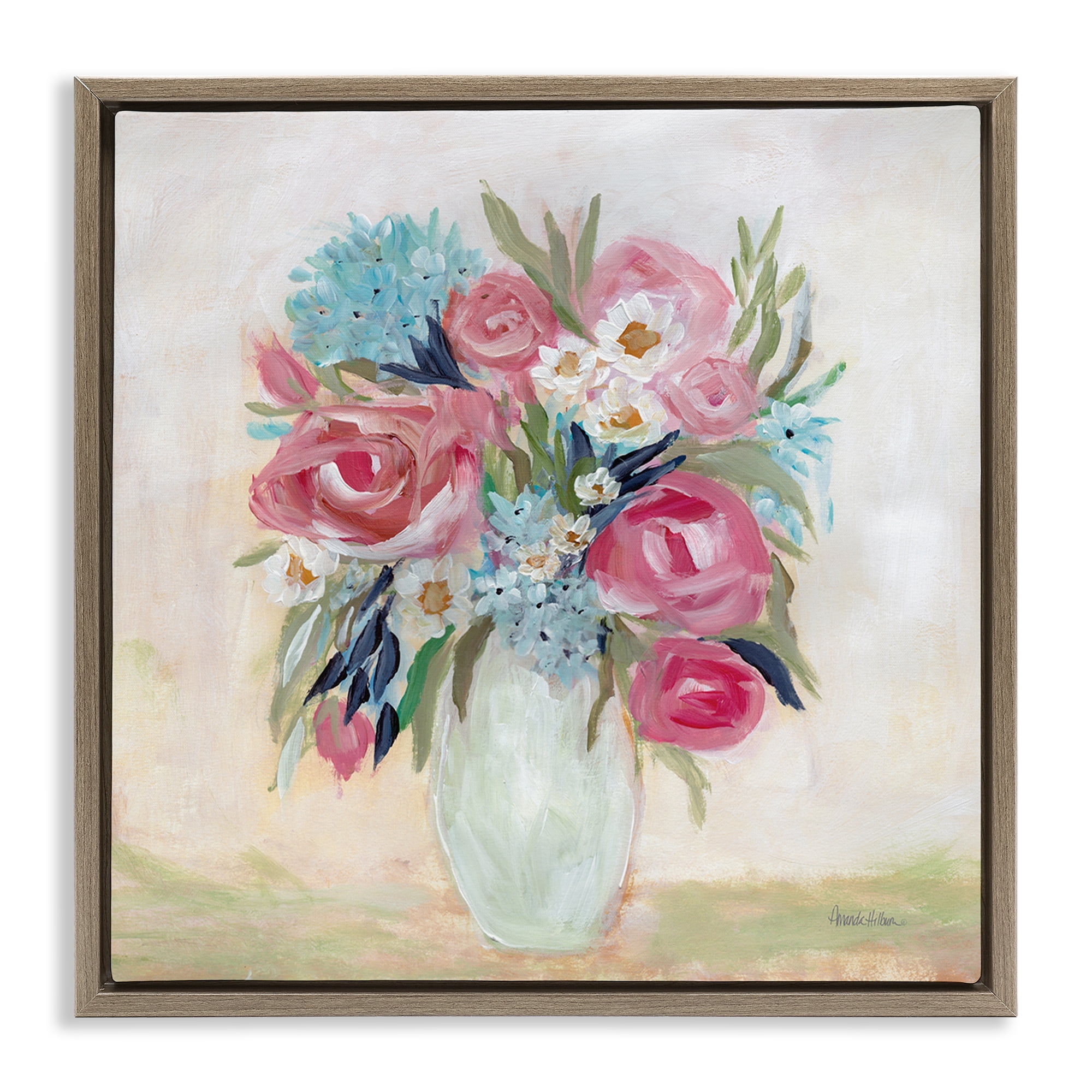 Stupell Industries Drooping Pink Roses Plants & Flowers Painting Brown Floater Framed Canvas Art Print Wall Art, 18 x 18