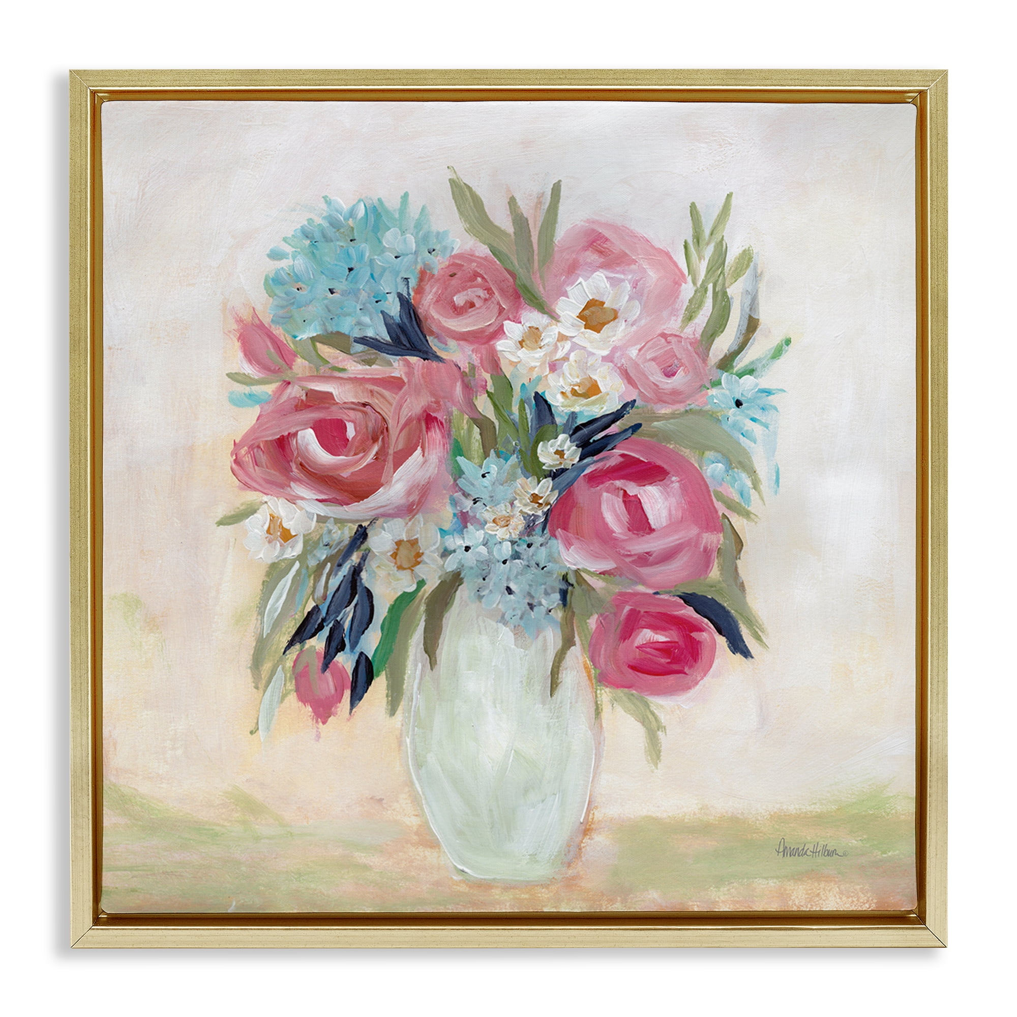 Stupell Industries Drooping Pink Roses Plants & Flowers Painting Gold Floater Framed Canvas Art Print Wall Art, 18 x 18