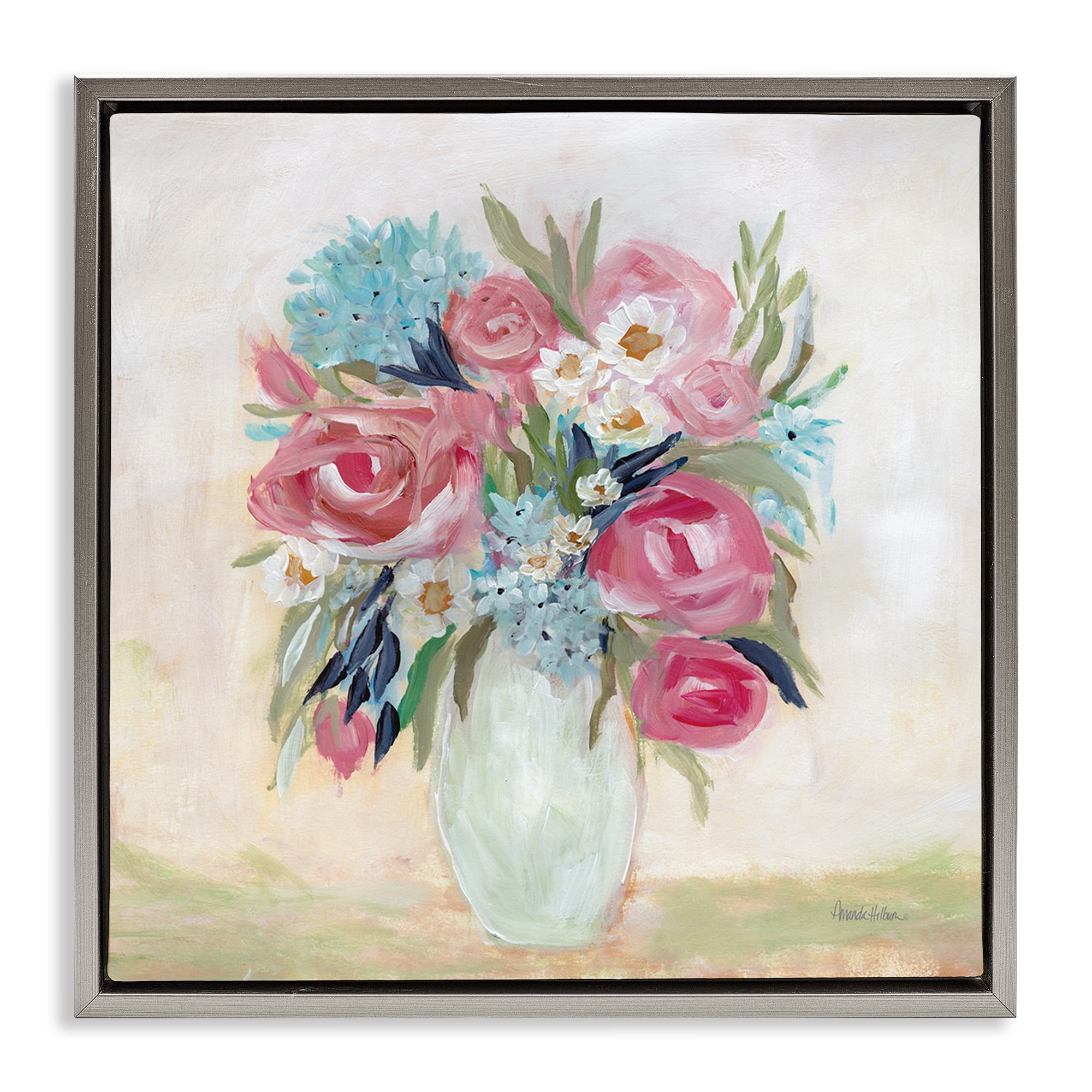 Stupell Industries Drooping Pink Roses Plants & Flowers Painting Gray Floater Framed Canvas Art Print Wall Art, 18 x 18