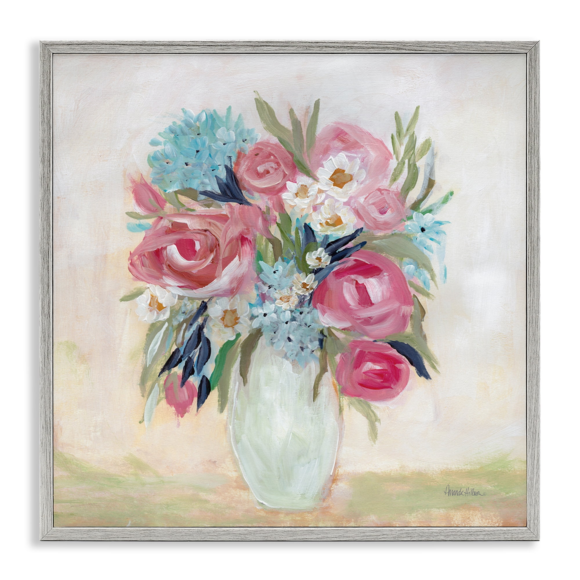 Stupell Industries Drooping Pink Roses Plants & Flowers Painting Gray Framed Art Print Wall Art, 17 x 17