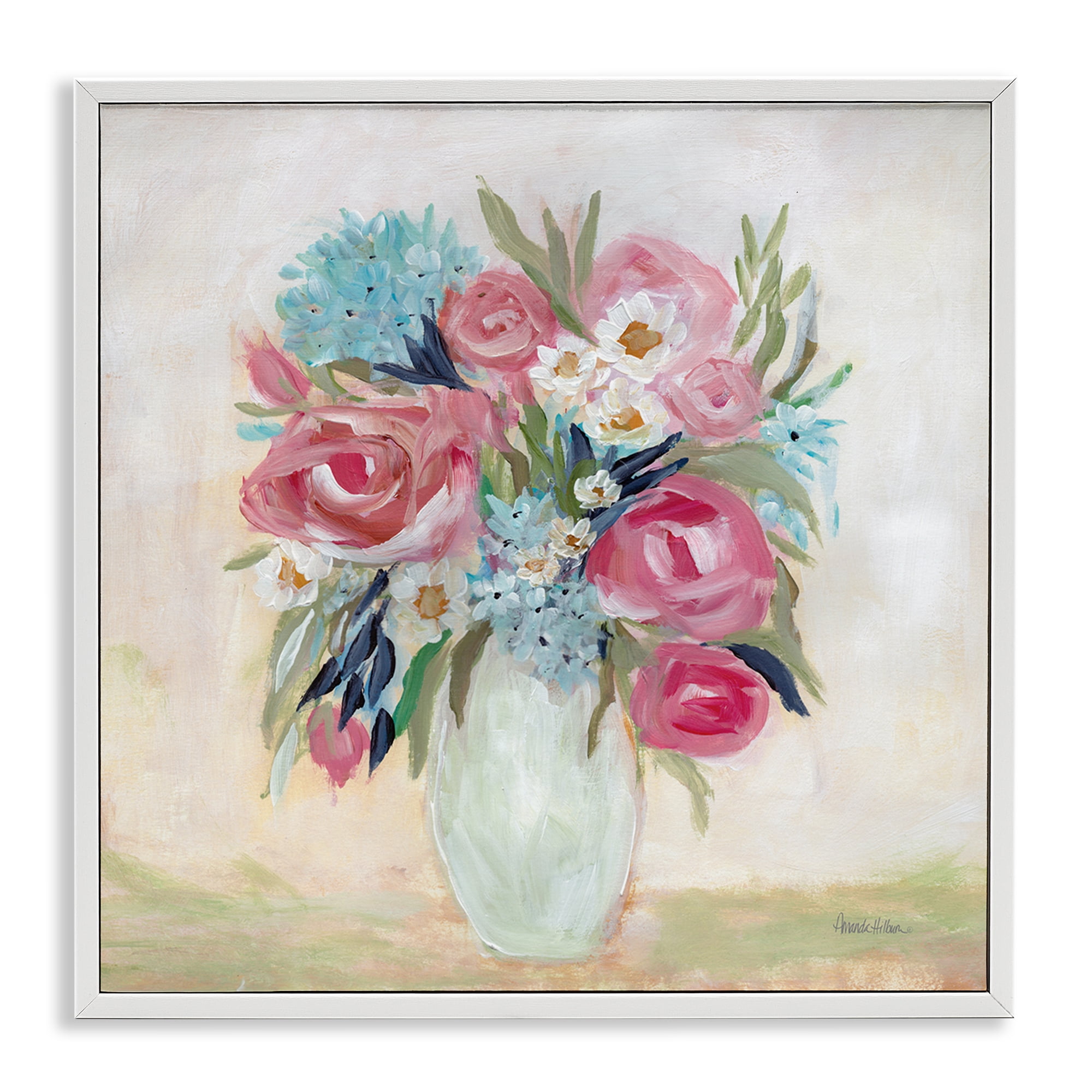 Stupell Industries Drooping Pink Roses Plants & Flowers Painting White Framed Art Print Wall Art, 12 x 12