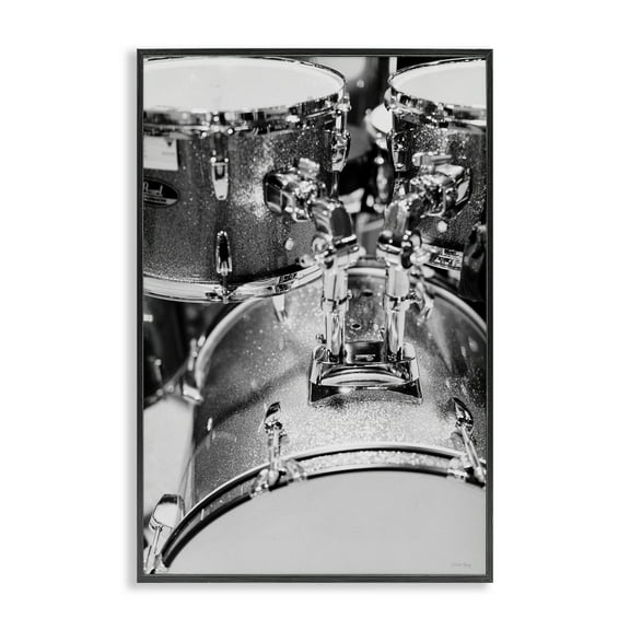 Stupell Industries Drum Set Black & White Entertainment Painting Black Framed Art Print Wall Art, 12 x 18