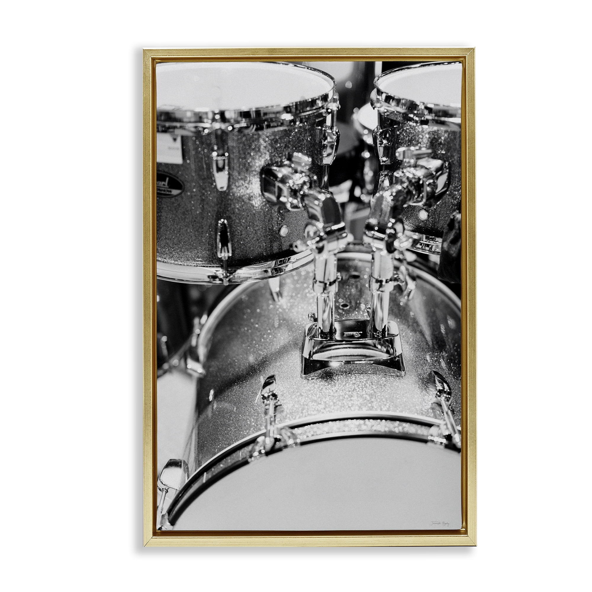 Stupell Industries Drum Set Black & White Entertainment Painting Gold Floater Framed Canvas Art Print Wall Art, 17 x 25