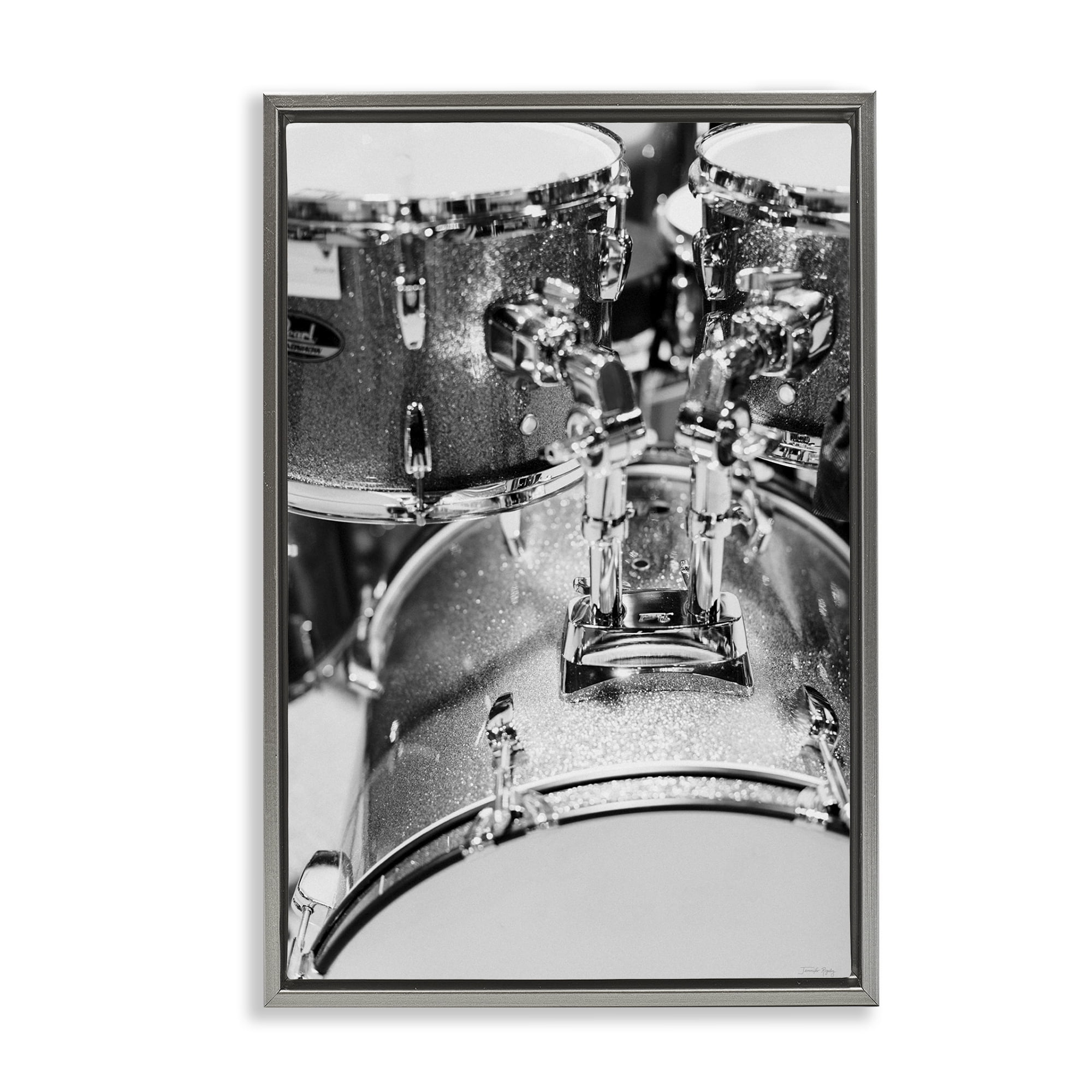 Stupell Industries Drum Set Black & White Entertainment Painting Gray Floater Framed Canvas Art Print Wall Art, 21 x 31